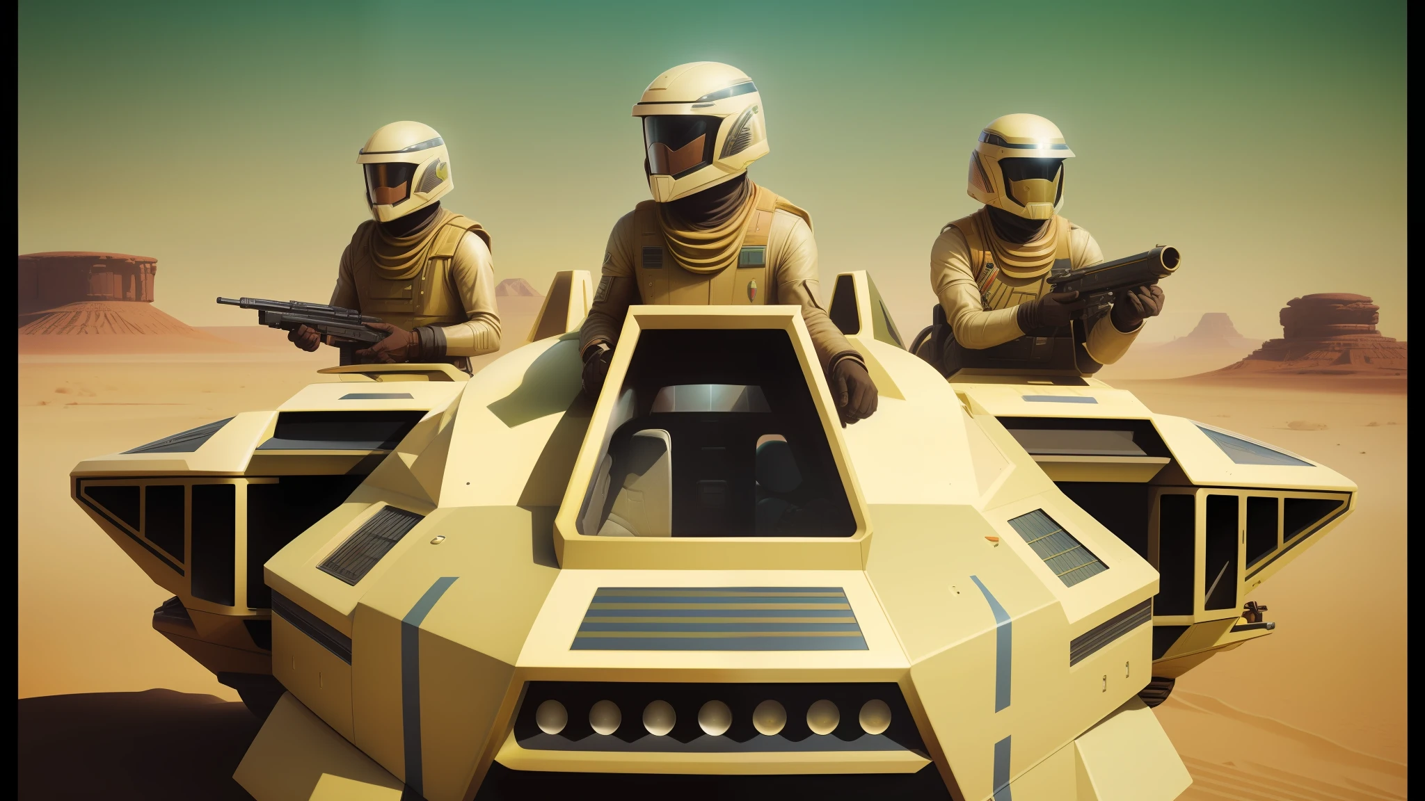 there are three people in helmets riding on a vehicle in the desert, kilian eng and jake parker, trending on artstarion, battlestar galactica, 1 9 8 0's heavy metal album art, by Julian Allen, speeder, karel thole, inspired by Mustafa Rakim, green slime, rosen zulu