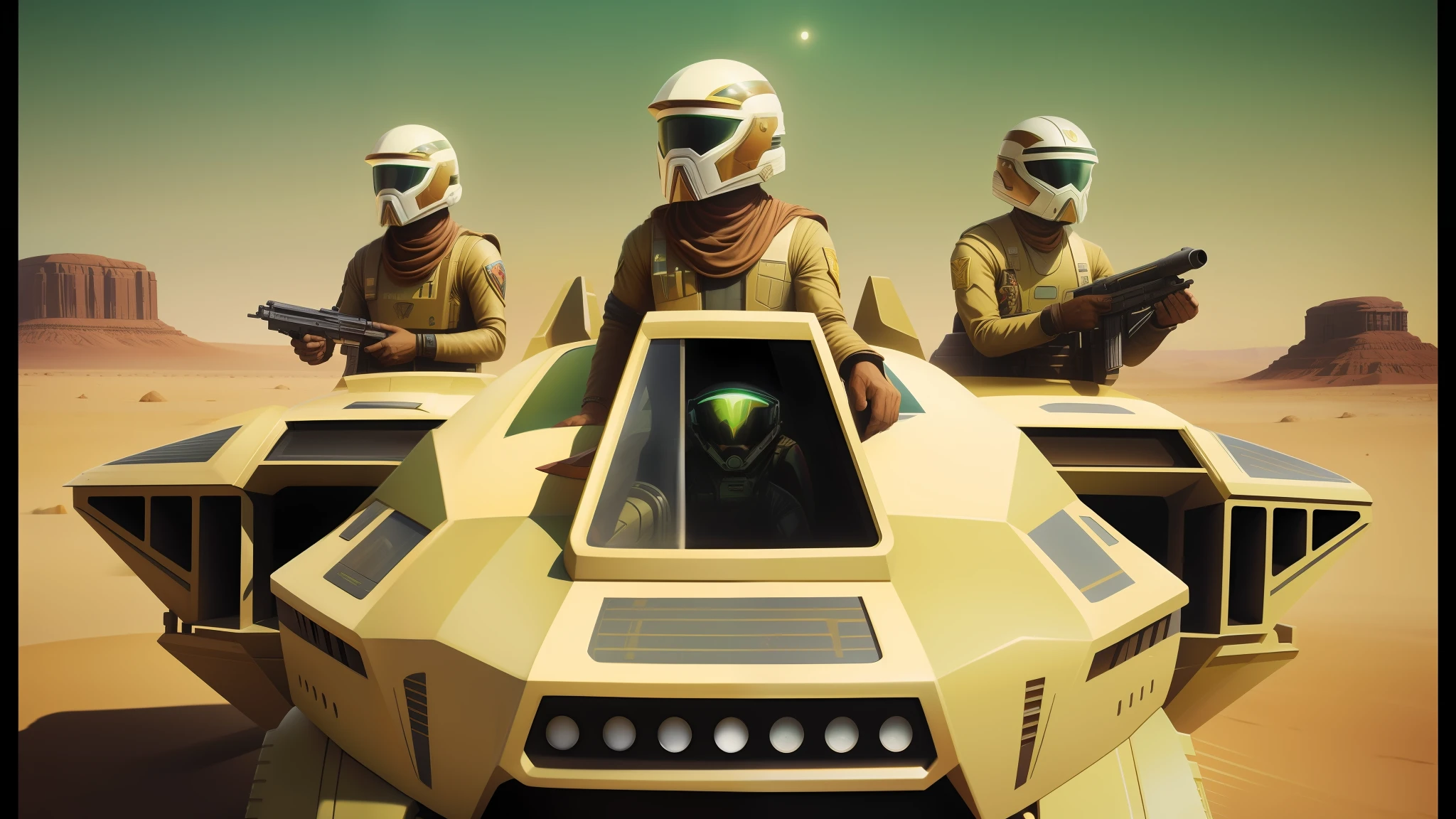 there are three people in helmets riding on a vehicle in the desert, kilian eng and jake parker, trending on artstarion, battlestar galactica, 1 9 8 0's heavy metal album art, by Julian Allen, speeder, karel thole, inspired by Mustafa Rakim, green slime, rosen zulu