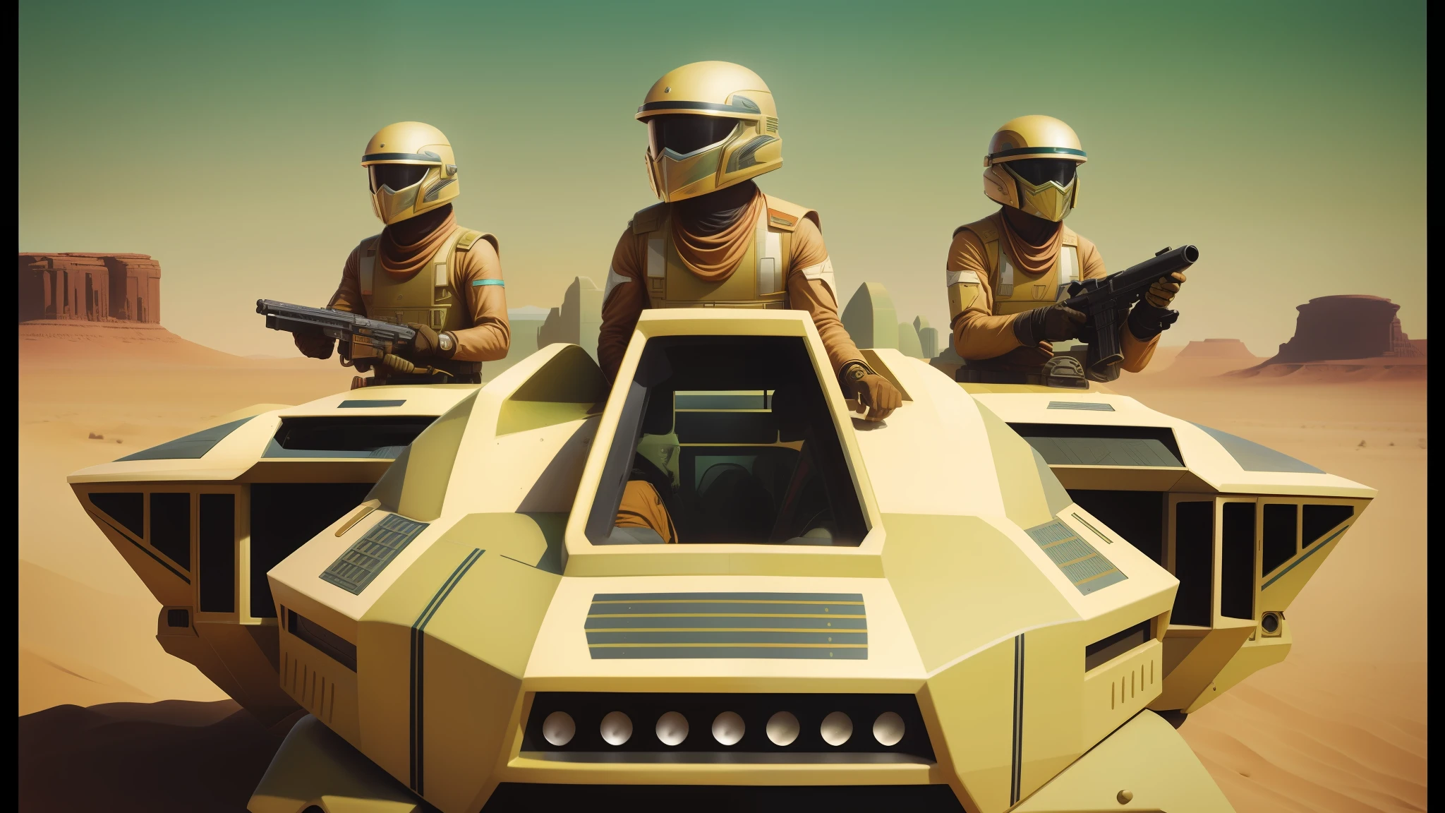 there are three people in helmets riding on a vehicle in the desert, kilian eng and jake parker, trending on artstarion, battlestar galactica, 1 9 8 0's heavy metal album art, by Julian Allen, speeder, karel thole, inspired by Mustafa Rakim, green slime, rosen zulu