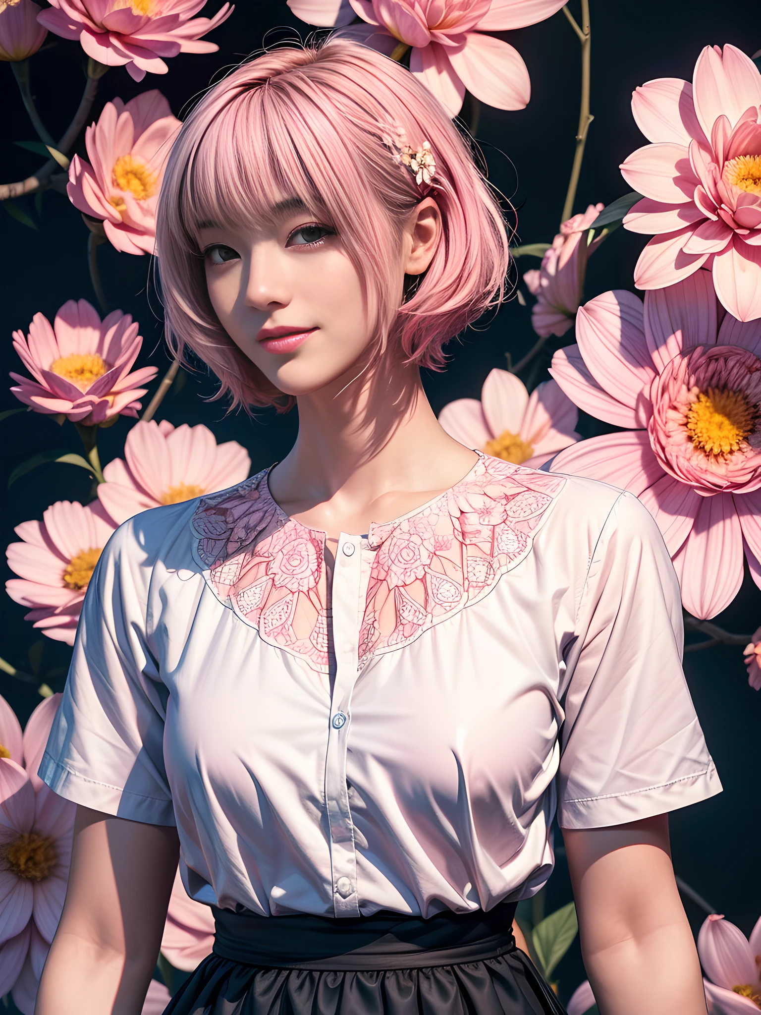 1 girl, Korean, masterpiece, changeable pose, solo, (zen tangles, mandalas, tangles, tangles), ((flowers: 1.4)) Official art, unified 8k wallpaper, super detailed, aesthetics, masterpiece, best quality, photo realism, shirt clothes, black short skirt, photo, close-up of face, (pink short hair:1.3), fair skin, bright big eyes, tall straight nose, (beautiful face: 1.5), smile, technical aesthetics, real