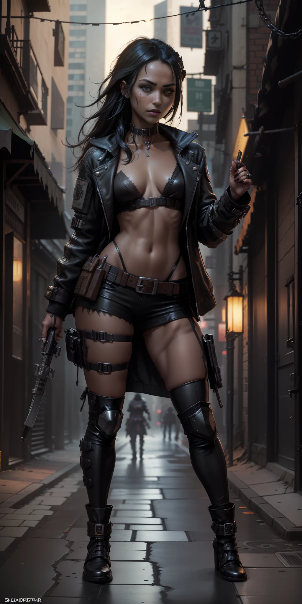 "Complete artwork masterpiece, high quality, ultra detailed in 4k, 8k, high resolution, hyper-realistic photo, hyper-detailed, realistic skin texture, amazing shadows, highly detailed background, extremely detailed texture, perfect lighting, high-level image quality. ((A female street samurai from a cyberpunk Future, Black jacket, inspired by shadowrun, fair skin, full body pic, long black hair, brown eyes, defined face, small breasts)), choker, use woman from reference picture as role model, city at night