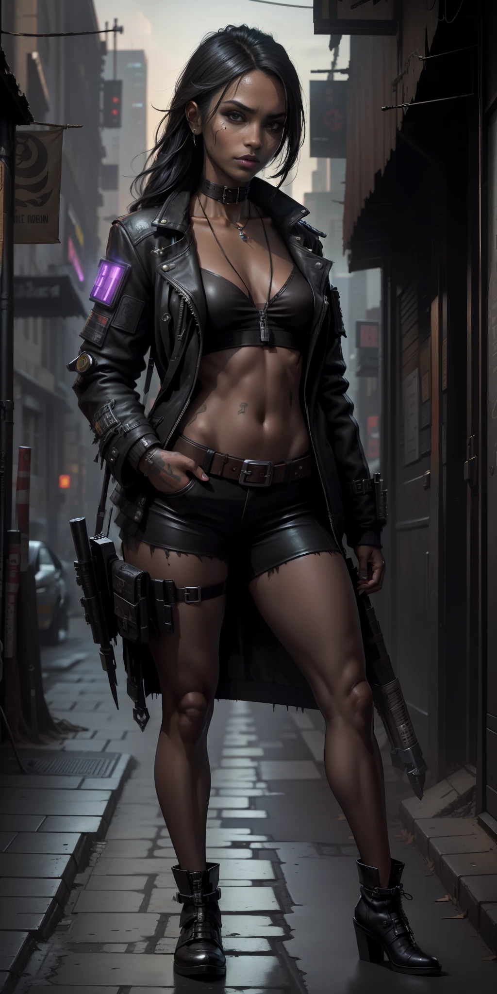 "Complete artwork masterpiece, high quality, ultra detailed in 4k, 8k, high resolution, hyper-realistic photo, hyper-detailed, realistic skin texture, amazing shadows, highly detailed background, extremely detailed texture, perfect lighting, high-level image quality. ((A female street samurai from a cyberpunk Future, Black jacket, inspired by shadowrun, fair skin, full body pic, long black hair, brown eyes, defined face, small breasts)), choker, use woman from reference picture as role model, city at night