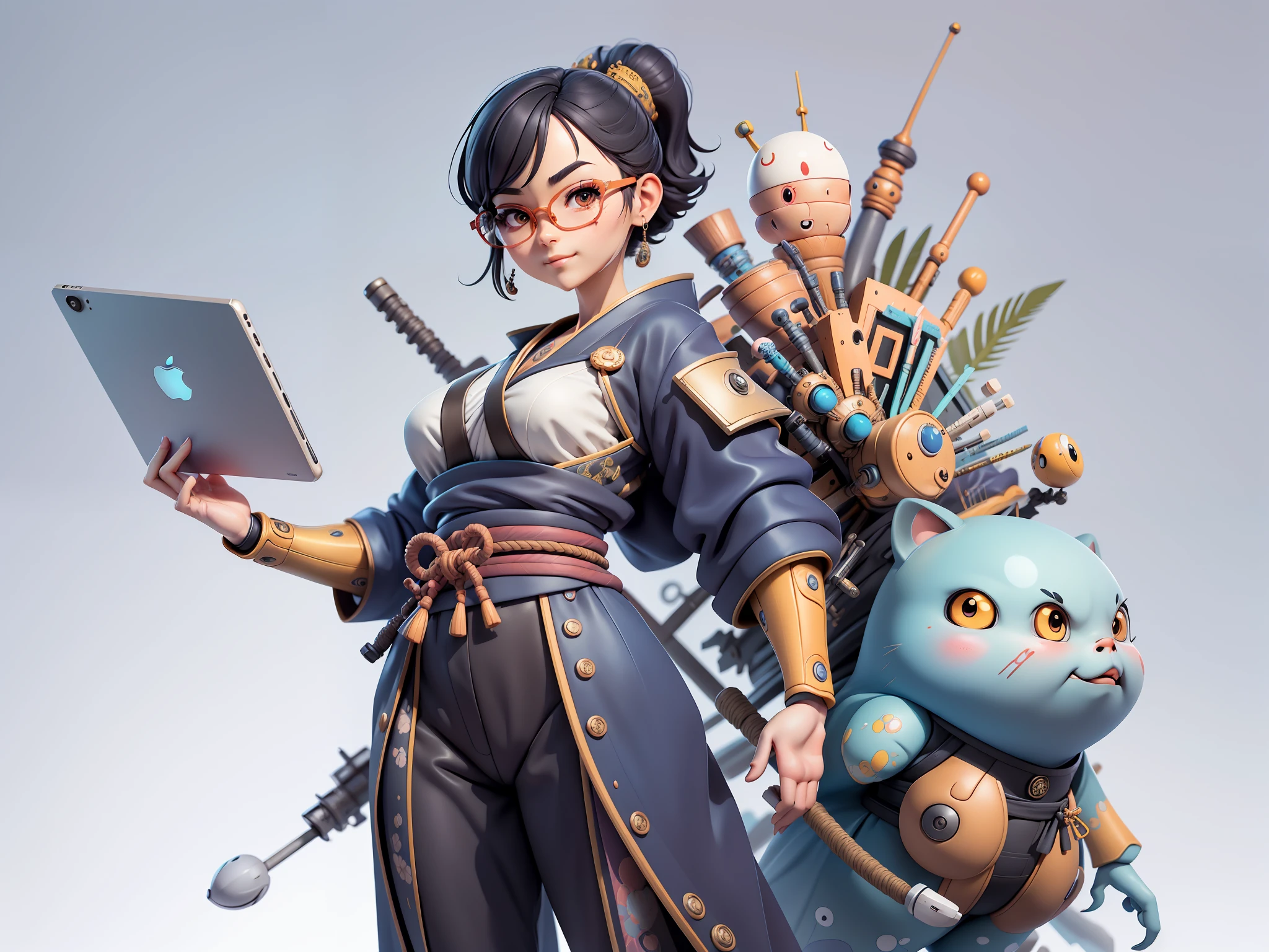 (Masterpiece), (Excellent), (Super Meticulous), (Full Body: 1.2), Super Young Woman, Japanese Samurai Beautiful, Sexy, Bursting, Oriental Face, TV Anchor, Bust Portrait Illustration, Alone, Black Suit, Blue Tie, Silver Glasses, Slightly Chubby Face, Very Clean Face, No Beard, Black Super Short Hair, Black Eyes, Confident Smile, 3c Computer Sub-Products, iPad, iPhone, Digital Painting, 3D Character Design by Mark Clairenden and Pixar and Hayao Miyazaki, The illustration is a high-definition illustration in 4K resolution with very detailed facial features and cartoon-style visuals.