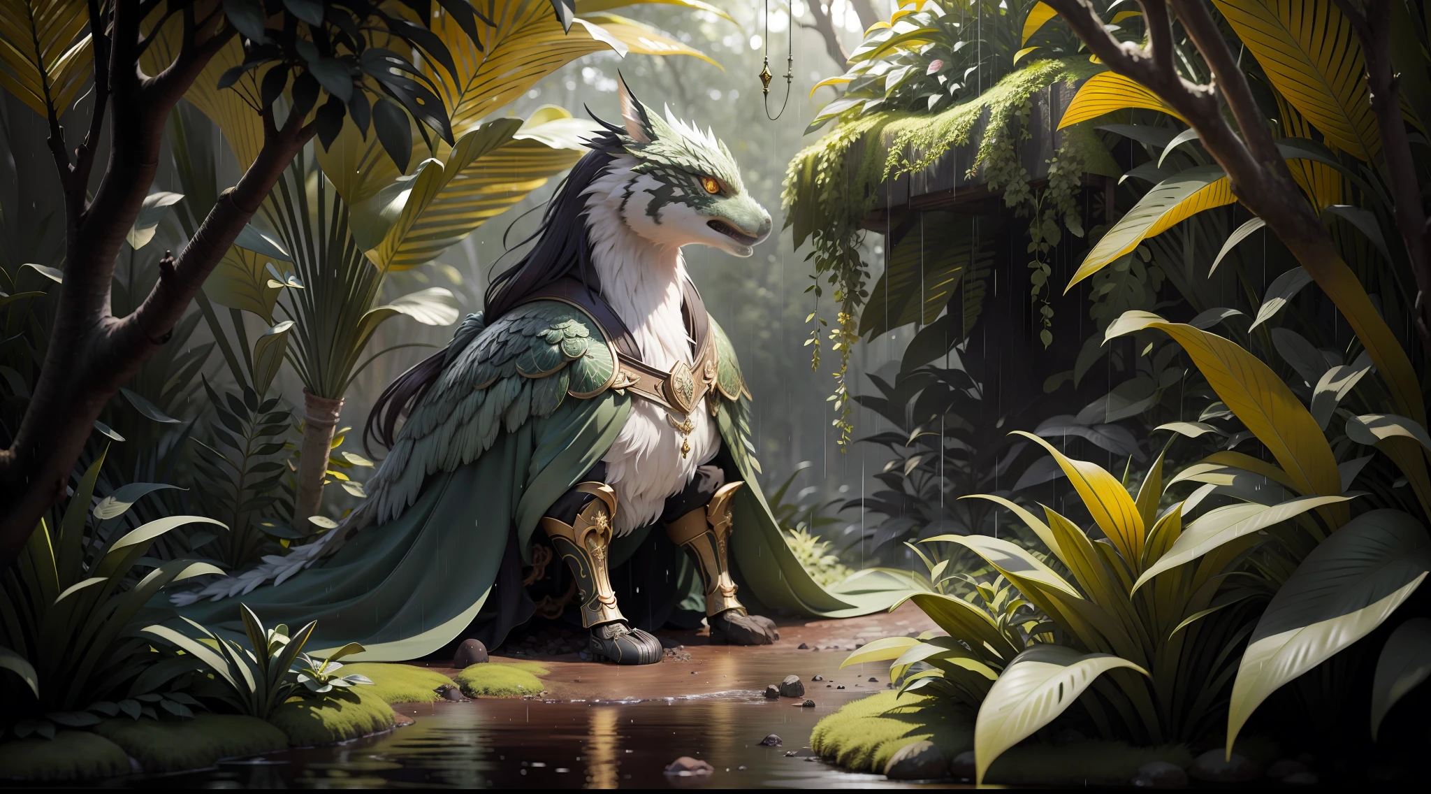 Sephiroth sprite, curiosity, looking at a golden dragon egg in a humid tropical jungle, with intense rain, monochrome, vines around, giant and wet trees, masterpiece, best quality, high quality, 8k CG wallpaper, extremely detailed, oil painting, award-winning photography, Bokeh, Depth of Field, HDR, bloom, chromatic aberration, photorealistic, extremely detailed, trend in artstation, trend in CGsociety, intricate, high detail, dramatic, art in the middle of the journey, volumetric lighting.