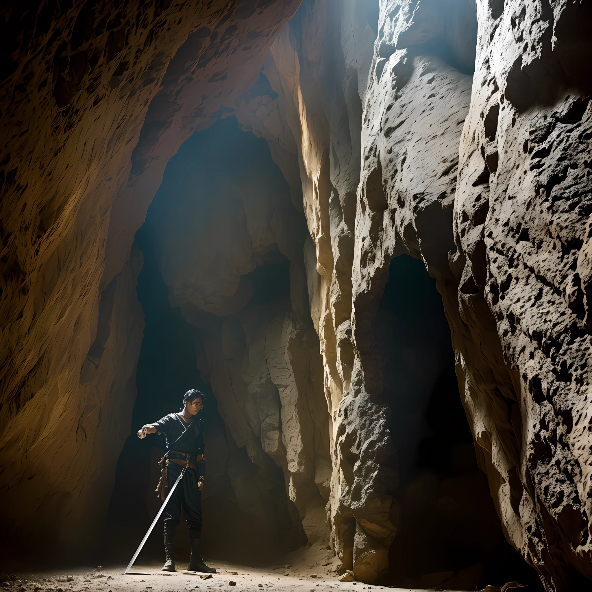 "Shadowy cave, cracks of light entering the cave, a sword stuck into the wall, 17-year-old, boy, black hair, duochrome, focus on the sword, and curious and determined expression of the young man."