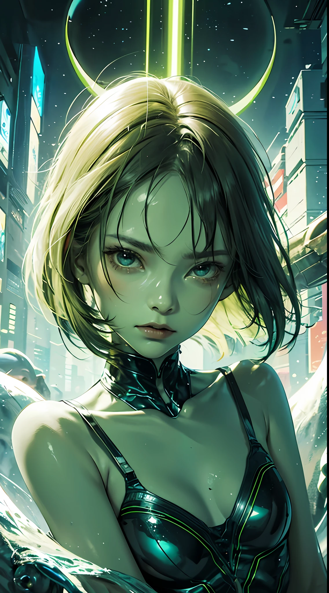 Facing out, looking forward, front face,Alien, other world woman, alien face, alien face, Green woman, green skin, alien aspects, extraterrestrial face, extraterrestrial eyes, non-human appearance