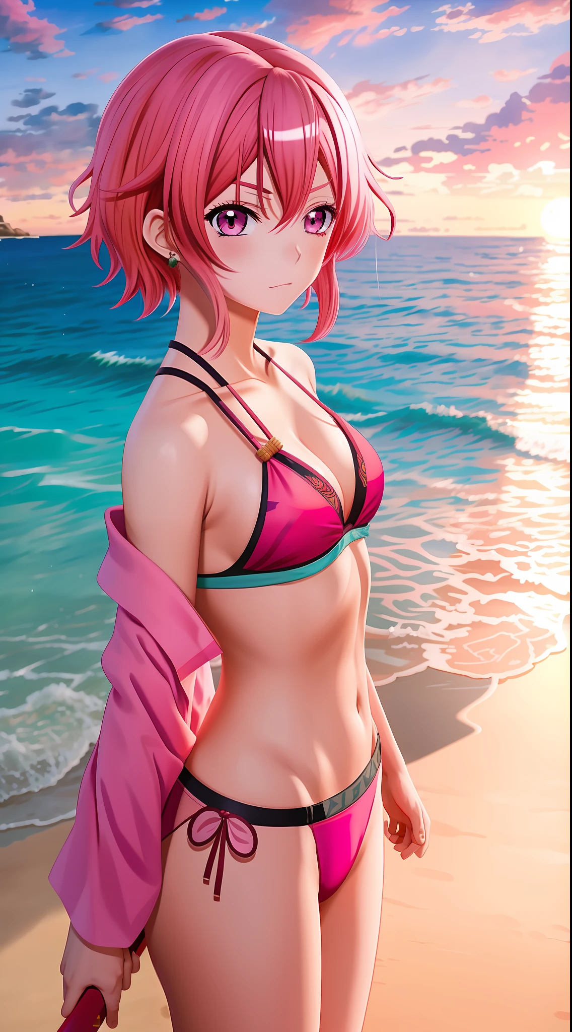 Theme: Kimetsu no Yaiba Setting: beach Character: Pink-haired girl Species: human Details: short hair, red blade katana, pink bra, gorgeous sea and beautiful sunset. Breathing: thunder