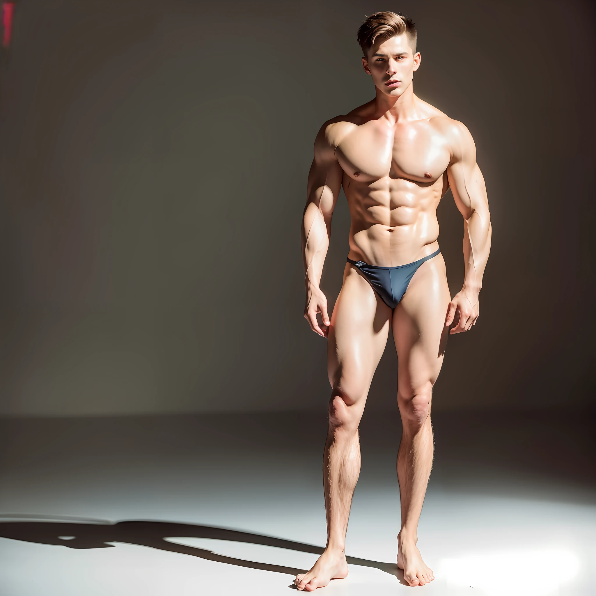 (RAW photo), highest quality, 8k wallpapers, (photo realism: 1.4), (high resolution), super detailed, (realism: 1.2), (best quality: 1.3), perfect anatomy, brown hair, beautiful legs, model pose, realistic body, big chest: 1.8, beautiful male muscular boy, short hair,