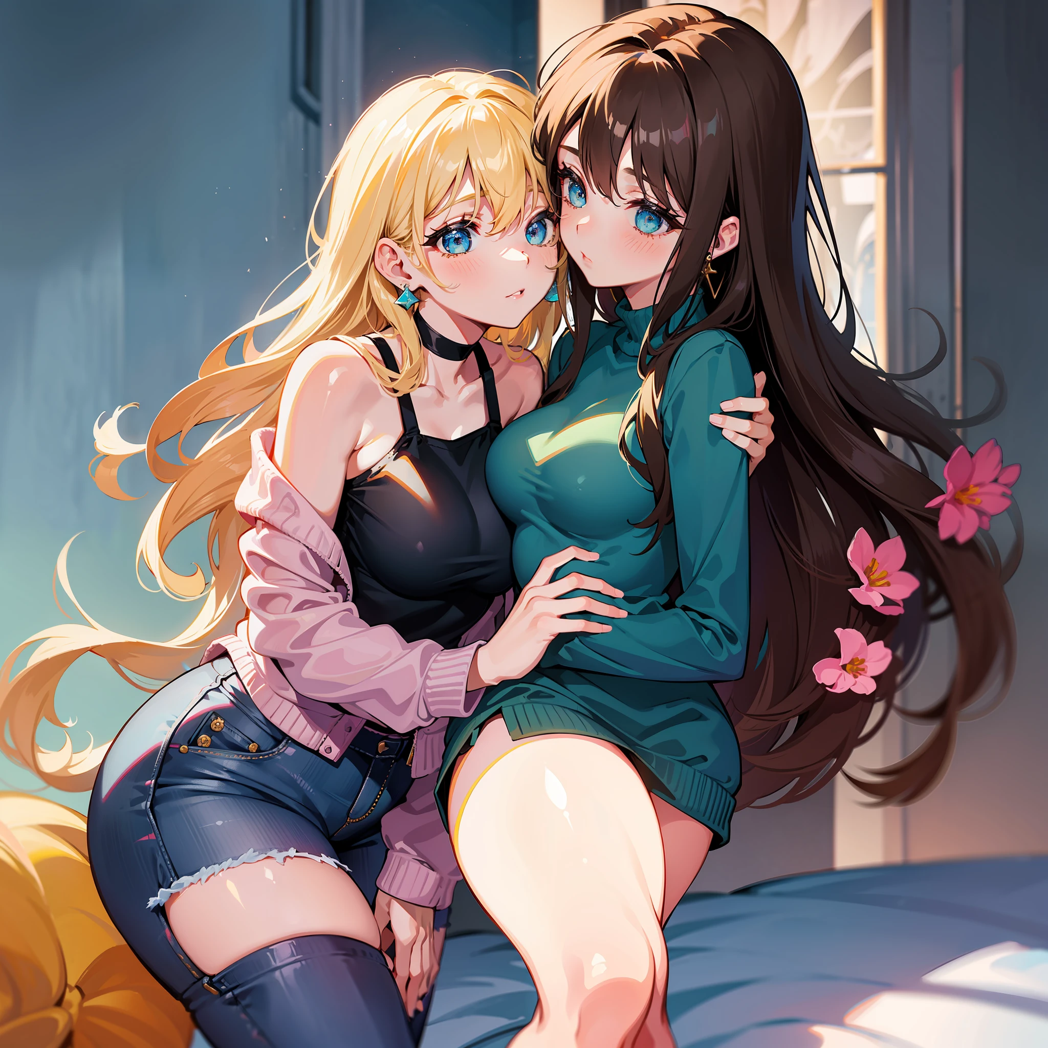 2girls, girl1: big breasts,cute,beautiful detailed eyes,shiny hair,visible through hair,hairs between eyes, brown hair,blue eyes, long hair, thick, soft smile, jeans, blue shirt, girl2: blonde hair, curly hair, medium hair, green eyes, flower earrings, pink nails, thick thighs, small breasts, big hips, pink off shoulder sweater, black skirt, kissing, kiss