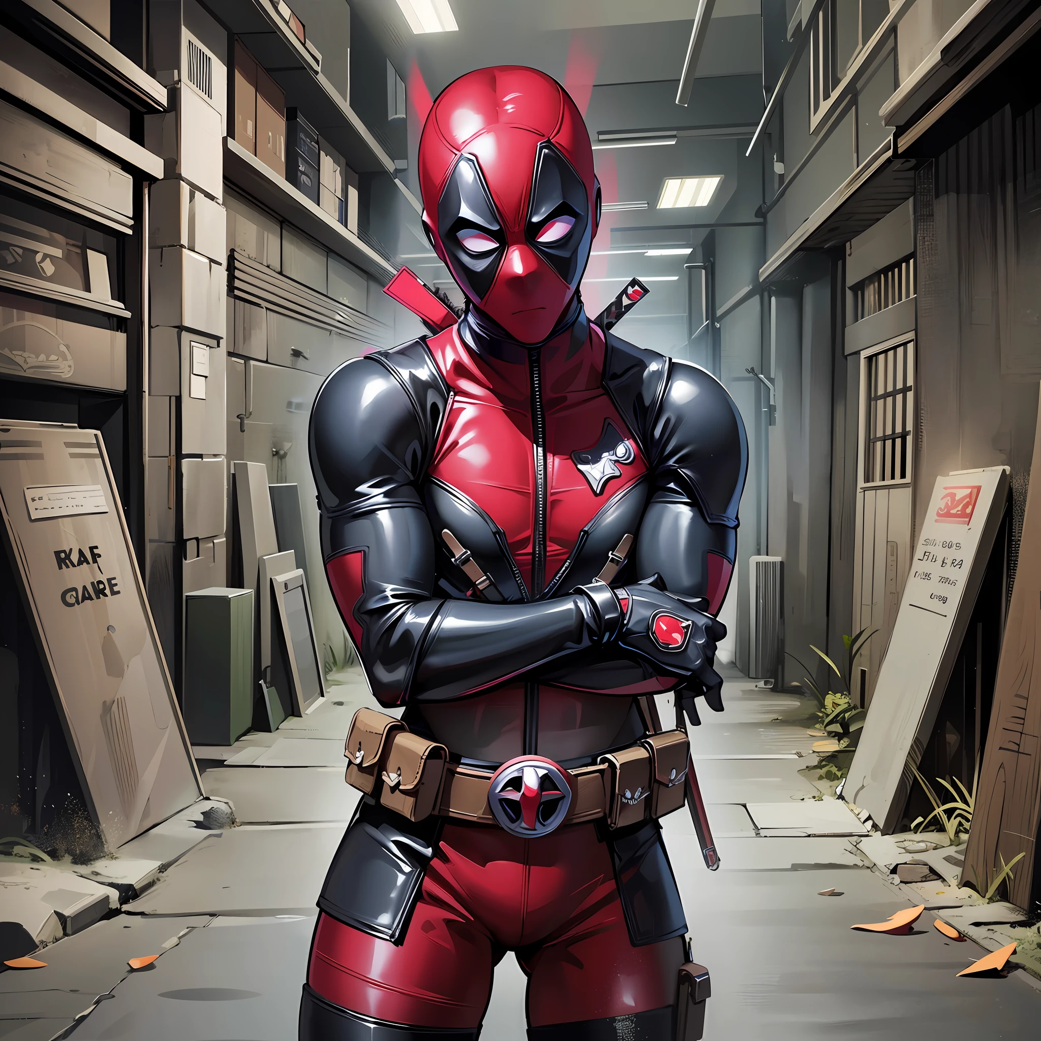 I'd like an image of Deadpool in a dark environment, like a cave or a dark alley. The image should be super detailed, showing all your equipment, such as your swords, your pistols and your accessories. He must be holding his swords in combat position, ready to attack. Your eyes must be glowing red, showing your sarcastic and antagonistic personality.
The environment around Deadpool should be dark and gloomy, with poor lighting, to highlight its presence. The light should be focused on Deadpool's swords and face, to enhance his expression and his equipment. The image should be realistic and detailed, with well-defined textures and shadows.
In addition, the image should be well balanced and aesthetically pleasing, with a balanced visual composition. All elements of the image must be well positioned and organized, to create a captivating and engaging scene. This image should be a true work of art, ready to be used as wallpaper or as a collector's item for fans of the character." --auto --s2