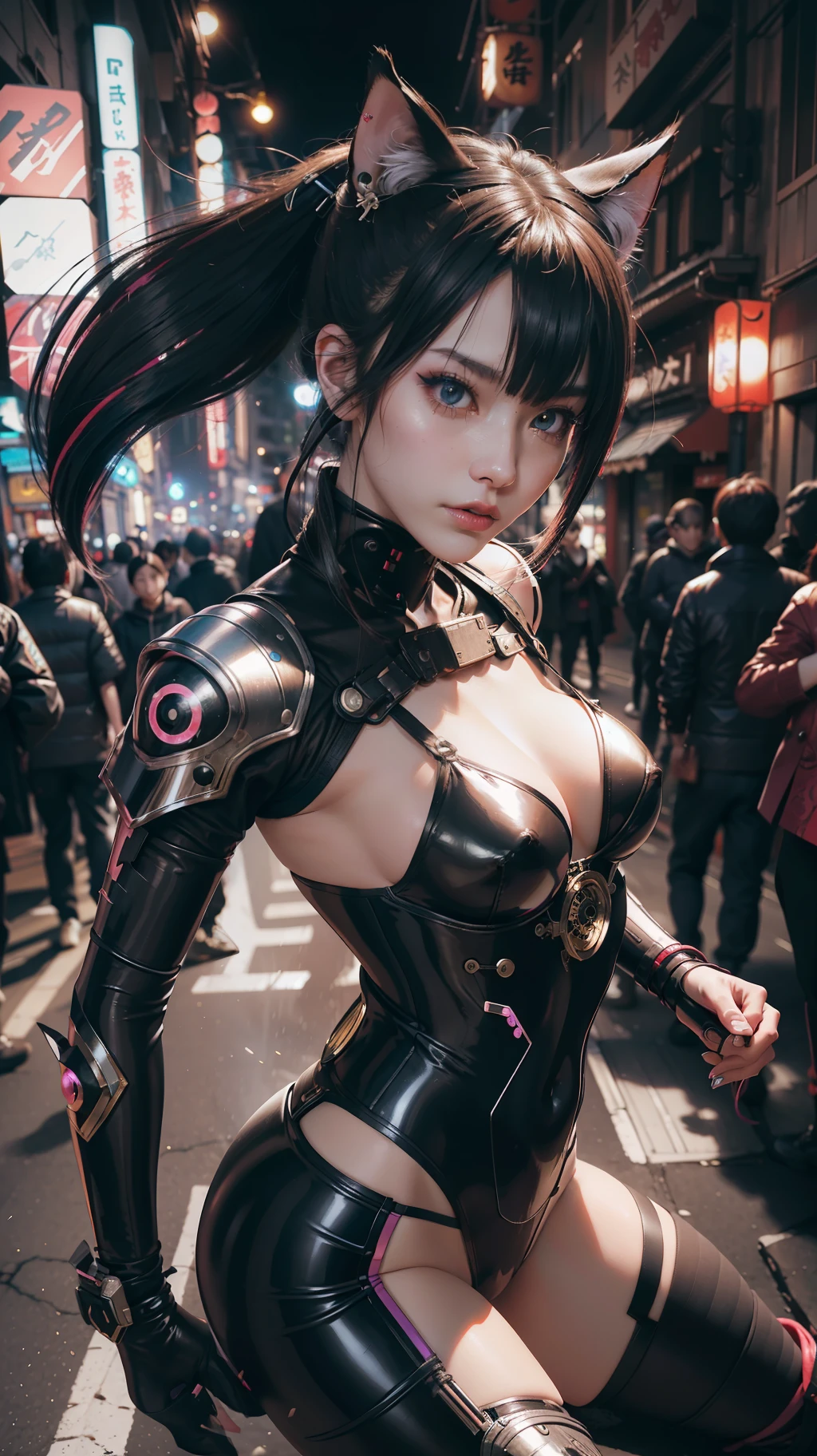 hyperrealistic close up portrait photograph of cyberpunk nekomata catgirl in a crowded Japanese street, wearing combat armor, geisha makeup and hairstyle, (((dynamic pose))), insane details, detailed designs, glowing colorful circuitry, colorful neon trim, cinematic lighting, rim lighting, f/2.8, art by H.R. Giger, Greg Rutowski