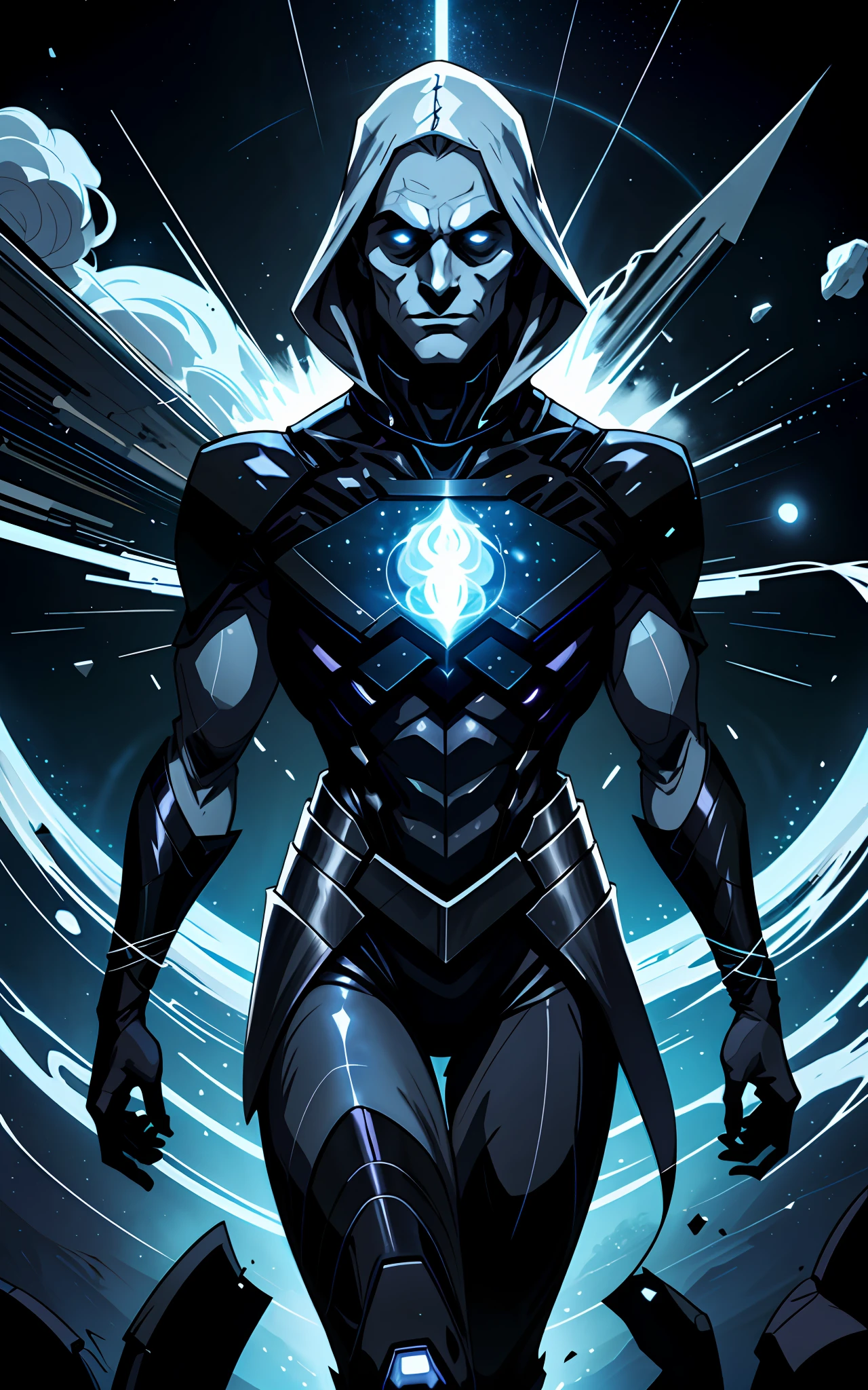 A cosmic specter floats alone in space, surrounded by a silent, boring void. The specter appears to be a god in his true form, but his appearance is haunting. Its body is made up of entire galaxies, animated by dark matter and faintly glowing stars. In the background, a slowly dying star emits an intense glow, as if its presence were a final farewell. The specter wandering through space seems to be suffering, suffocating in a vacuum and desperately searching for something it can't find.