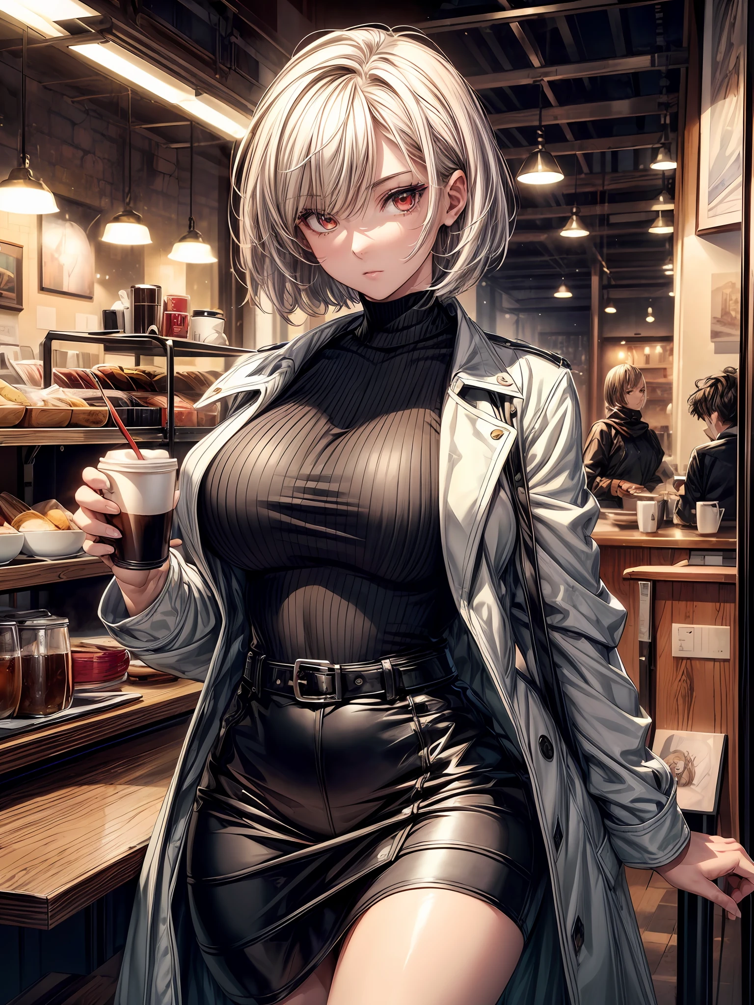 high contrast, (8K UHD:1.2), (photorealistic:1.2),(masterpiece:1.4), (best quality:1.4),extremely detailed wallpaper, highly detailed illustrations, ((1 Girl)) , (super-complex details) , 4K unified, (super-detailed CG: 1.2) , (8K: 1.2),(original), (masterpiece) , (best quality),(Masterpiece:1.4),Anime-ish high quality,1girl, ((masterpiece:1.4, best quality:1.2)), 1girl with a short bob cut hair, tall female, large breasts, wide hips, red eyes, white hair, messy hair, hair over one eye, tired, black coat, yellow shirt, cafe shop, coffee ambience, chill, comfy,