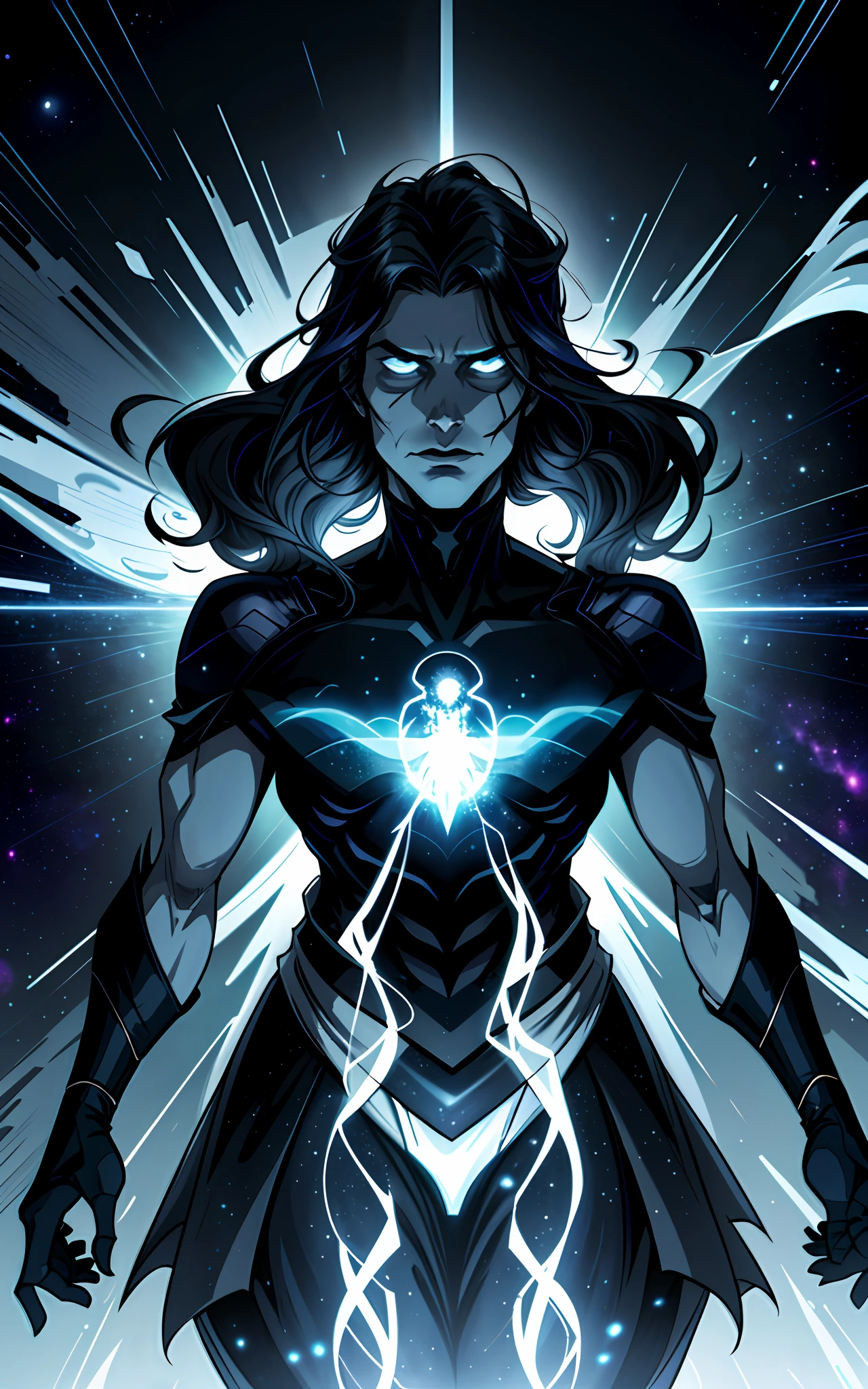 A cosmic specter floats alone in space, surrounded by a silent, boring void. The specter appears to be a god in his true form, but his appearance is haunting. Its body is made up of entire galaxies, animated by dark matter and faintly glowing stars. In the background, a slowly dying star emits an intense glow, as if its presence were a final farewell. The specter wandering through space seems to be suffering, suffocating in a vacuum and desperately searching for something it can't find.