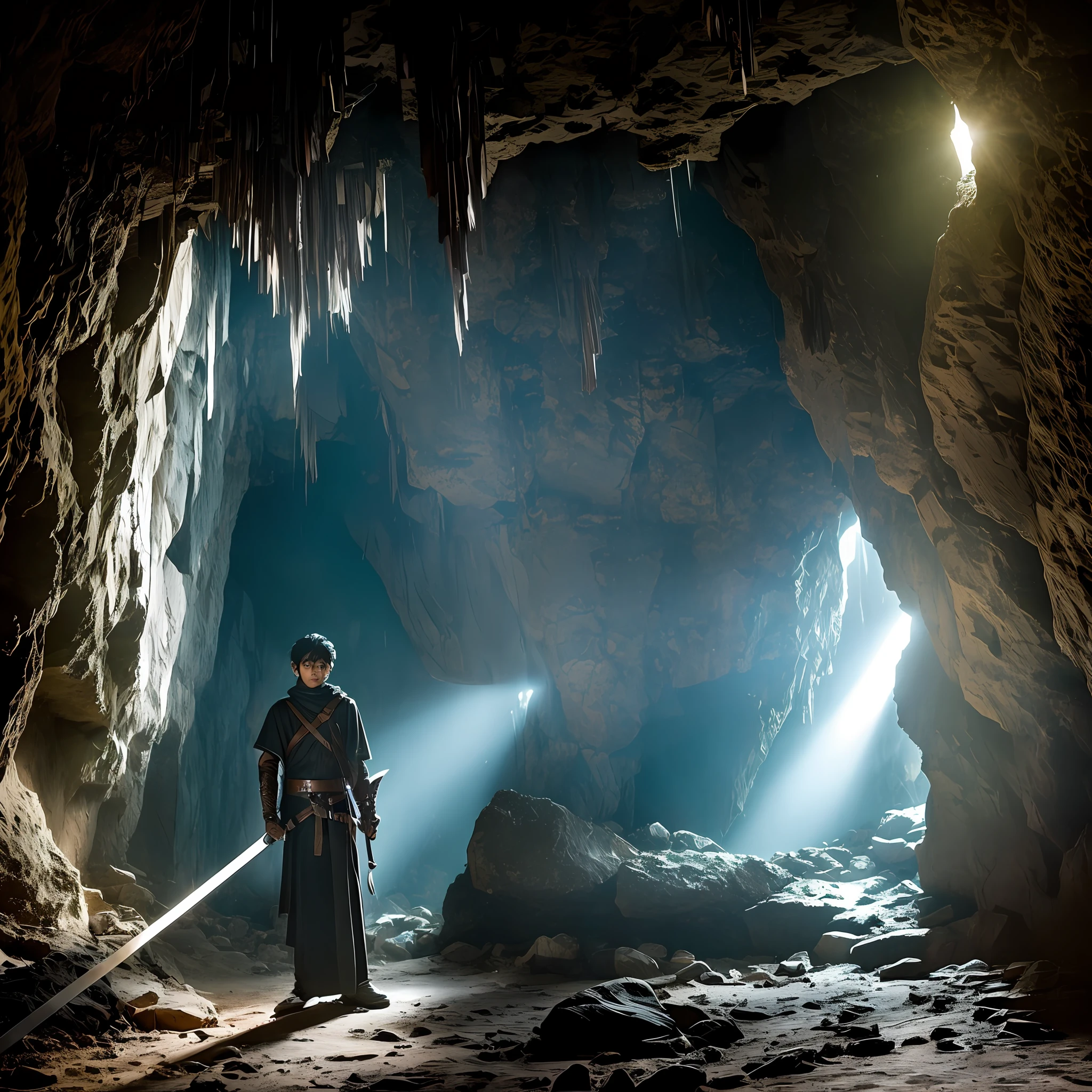Shadowy cave, cracks of light entering the cave, a sword stuck into the wall, 17-year-old, boy, black hair, duochrome, focus on the sword, and the young man's curious and determined expression.