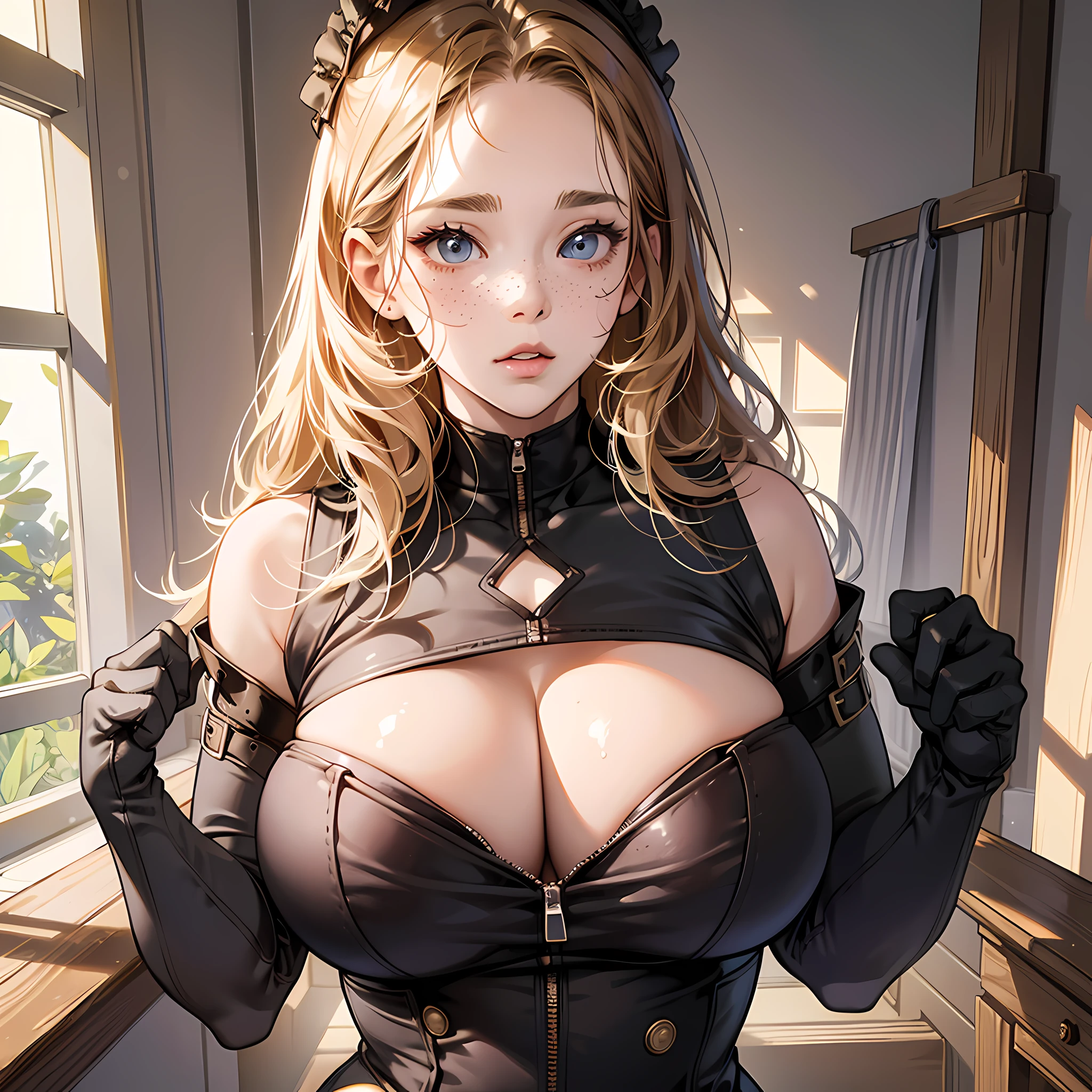 masterpiece, best quality, ultra-detailed, illustration, (1girl), young, cute, freckles, beautiful detailed eyes, looking down, looking down at her chest, (shocked facial expression), mouth open, raised eyebrows, (upper body focus), messy hair, shy, livingroom in the background, plump lips, lip filler, oversized breasts, ((huge breasts)), breast expansion, cleavage, wearing tight cclothes --auto --s2