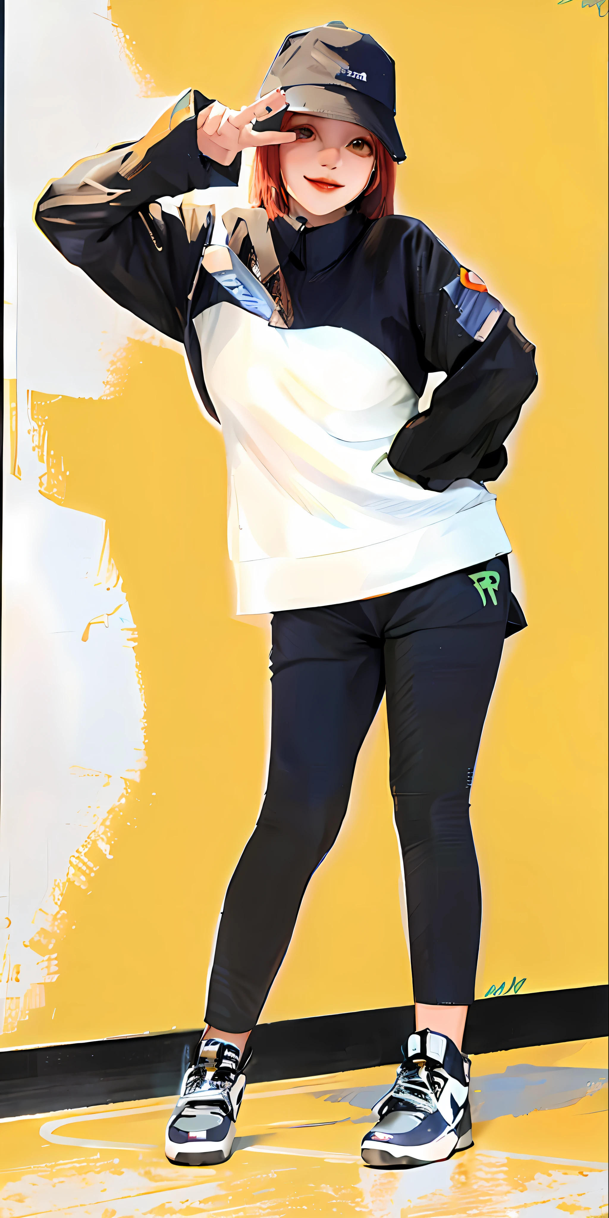 Wearing a Japanese style white outfit, street wear in blue and yellow sportswear, hat, full-body photo and comfortable aesthetic wide-angle shooting, the background is a delicate and comfortable night scene, with red hair and a smile.