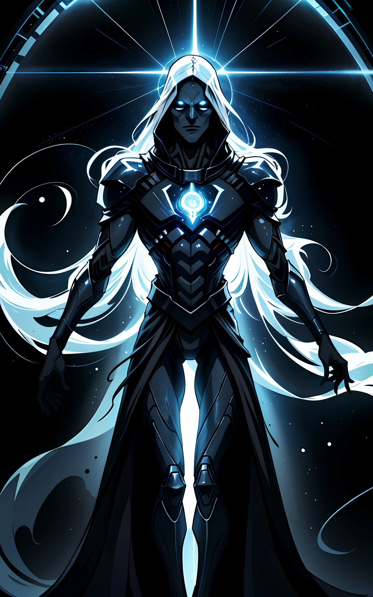 A cosmic specter floats alone in space, surrounded by a silent, boring void. The specter appears to be a god in his true form, but his appearance is haunting. Its body is made up of entire galaxies, animated by dark matter and faintly glowing stars. In the background, a slowly dying star emits an intense glow, as if its presence were a final farewell. The specter wandering through space seems to be suffering, suffocating in a vacuum and desperately searching for something it can't find.