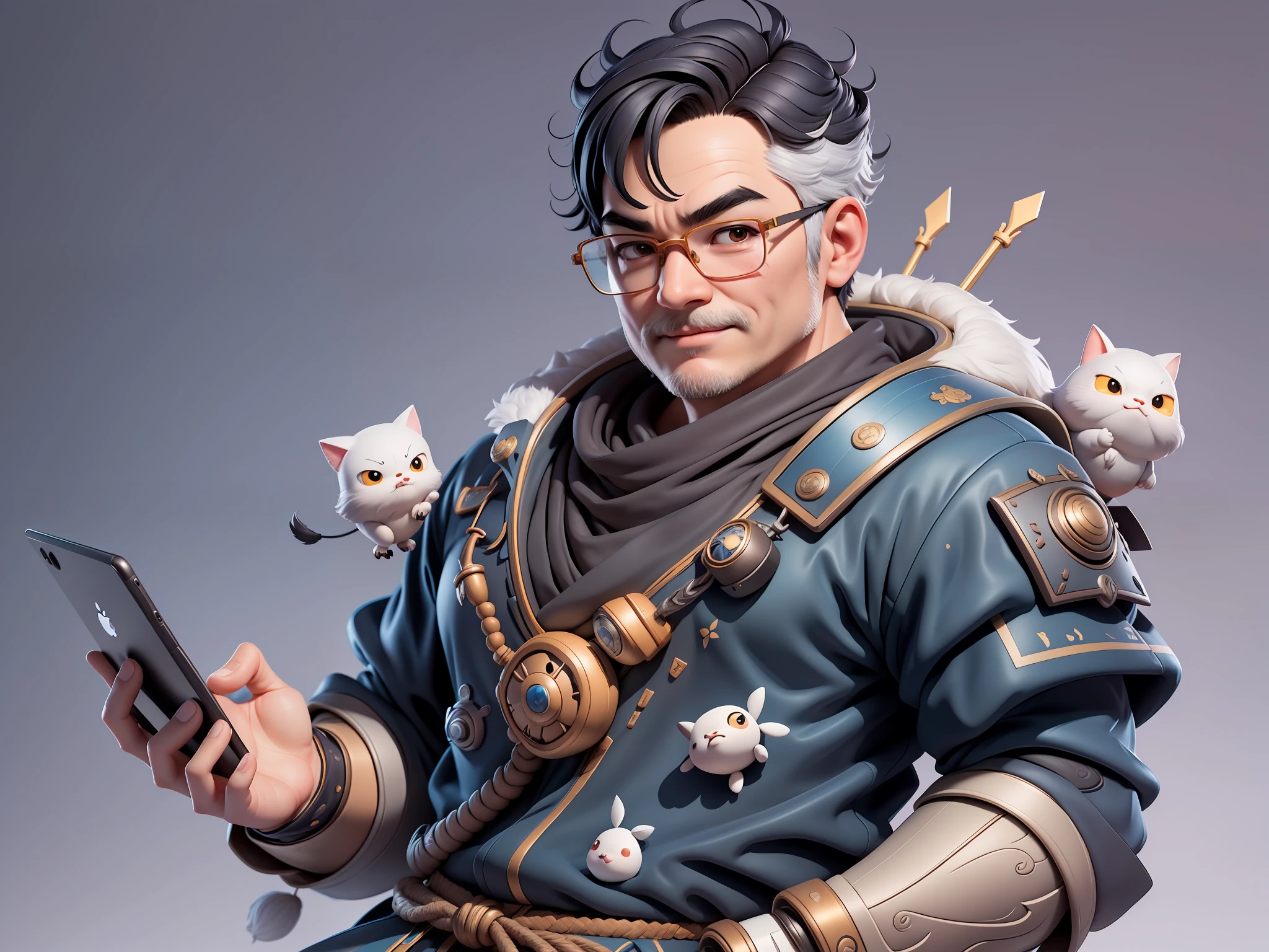 (Masterpiece), (Excellent), (Super Meticulous), (Full Body: 1.2), Super Young Man, Oriental Face, Japanese Armor, TV Anchor, Bust Portrait Illustration, Alone, Black Suit, Blue Tie, Silver Glasses, Slightly Chubby Face, Very Clean Face, No Beard, Black Super Short Hair, Black Eyes, Confident Smile, 3c Computer Sub-Products, iPad, iPhone, Digital Painting, 3D Character Design by Mark Clairenden and Pixar and Hayao Miyazaki, the illustration is HD illustration in 4K resolution, With very detailed facial features and cartoon-style visuals.