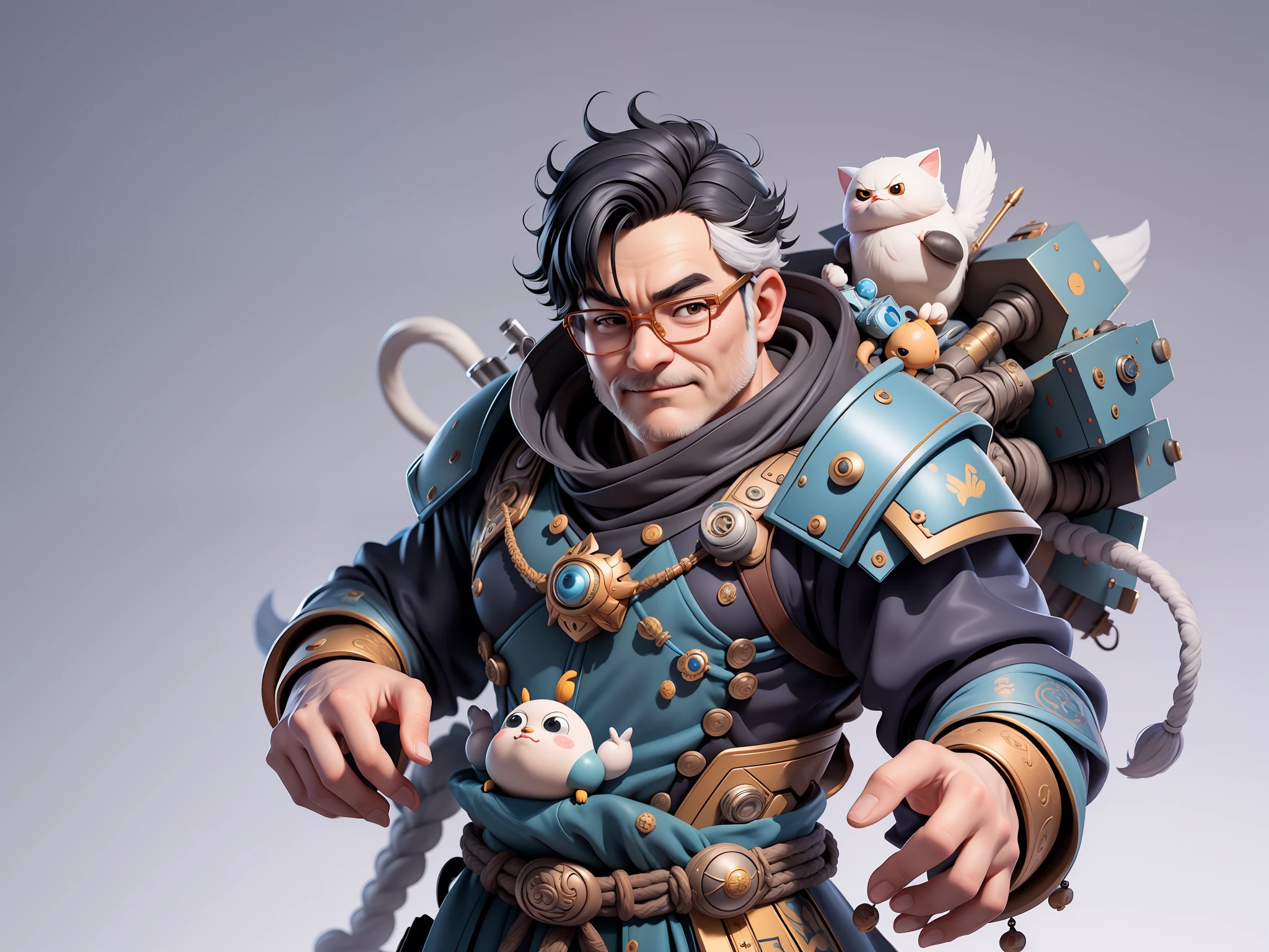 (Masterpiece), (Excellent), (Super Meticulous), (Full Body: 1.2), Super Young Man, Oriental Face, Japanese Armor, TV Anchor, Bust Portrait Illustration, Alone, Black Suit, Blue Tie, Silver Glasses, Slightly Chubby Face, Very Clean Face, No Beard, Black Super Short Hair, Black Eyes, Confident Smile, 3c Computer Sub-Products, iPad, iPhone, Digital Painting, 3D Character Design by Mark Clairenden and Pixar and Hayao Miyazaki, the illustration is HD illustration in 4K resolution, With very detailed facial features and cartoon-style visuals.