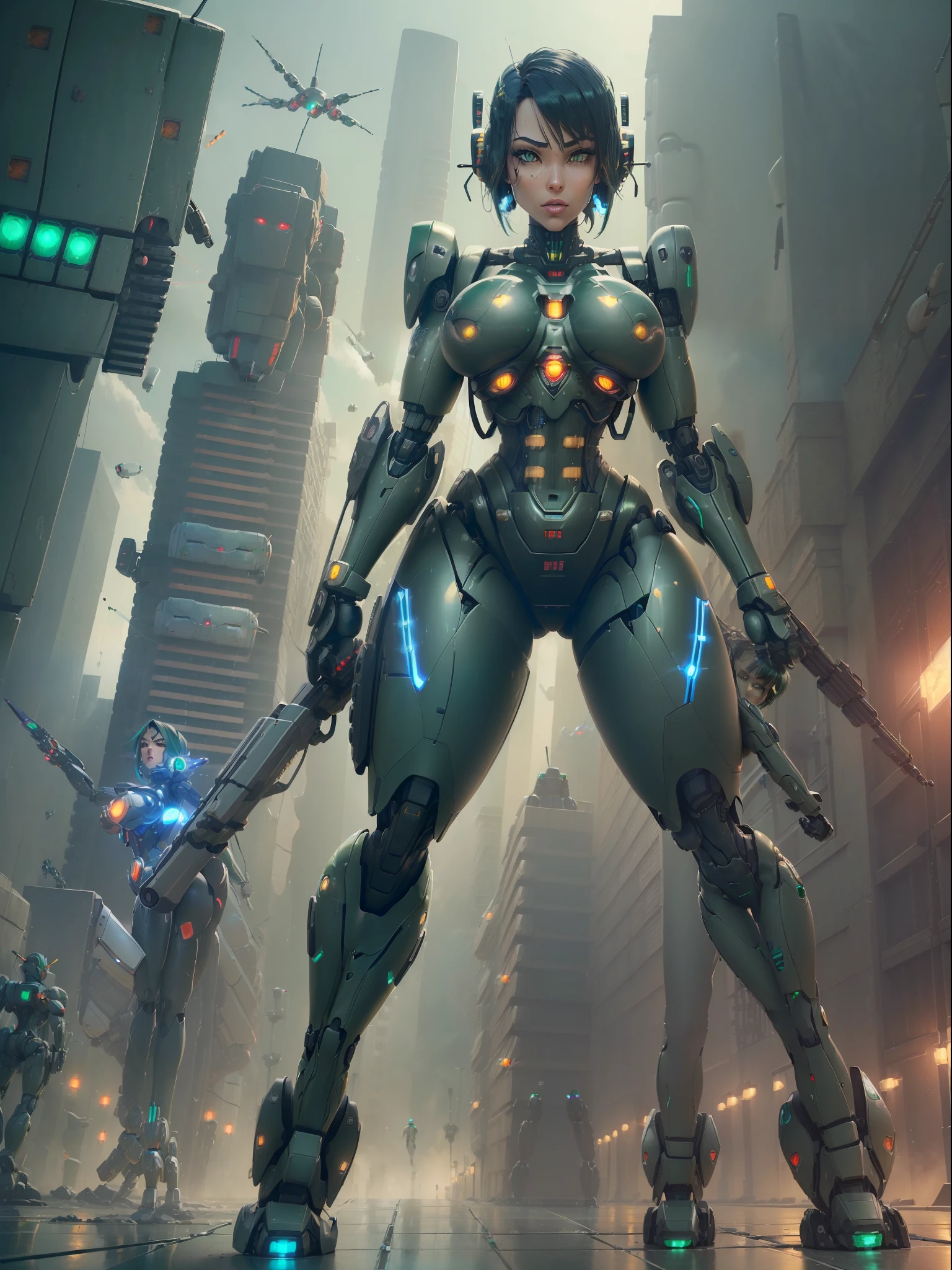 ((Full body):2), (({1/woman – cyborg}):2). Only {1/woman, cyborg}:((she has a semi human half machine half human body, is wearing an extremely tight futuristic black suit on her body):1.5). Only {1/woman, cyborg}:((has extremely large breasts):1.5). Only {1/woman – cyborg}:((has very short blue hair, dark green eyes):1.5). Just {1/woman – cyborg}:((striking sexy poses holding a futuristic sniper rifle standing):1.5). In a futuristic city, it is night raining very hard, the city is with ((several robots running):1.8) behind Only {1/cyborg woman}. anime, anime style, 16k, high resolution, ((best quality, high details:2)), UHD, ((masterpiece)), cartoon, real, Fantexi