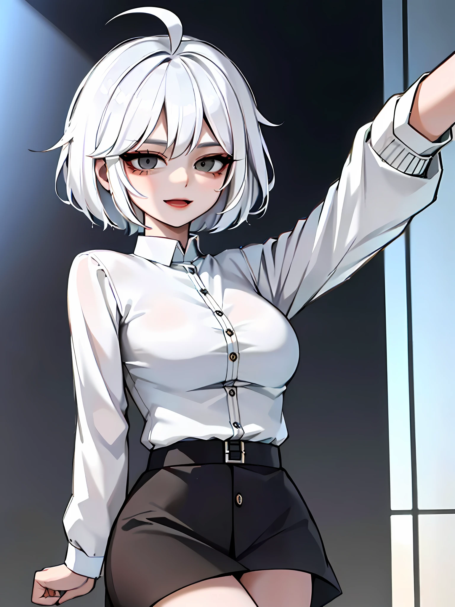((masterpiece, best quality)), (1girl), (solo), (female focus), (ahoge, white hair, short hair), black eyes, light smile, open mouth, ((white shirt), (buttoned shirt), (button gap)), ((black skirt), (short skirt)), standing, white background, arms behind back, dynamic angle