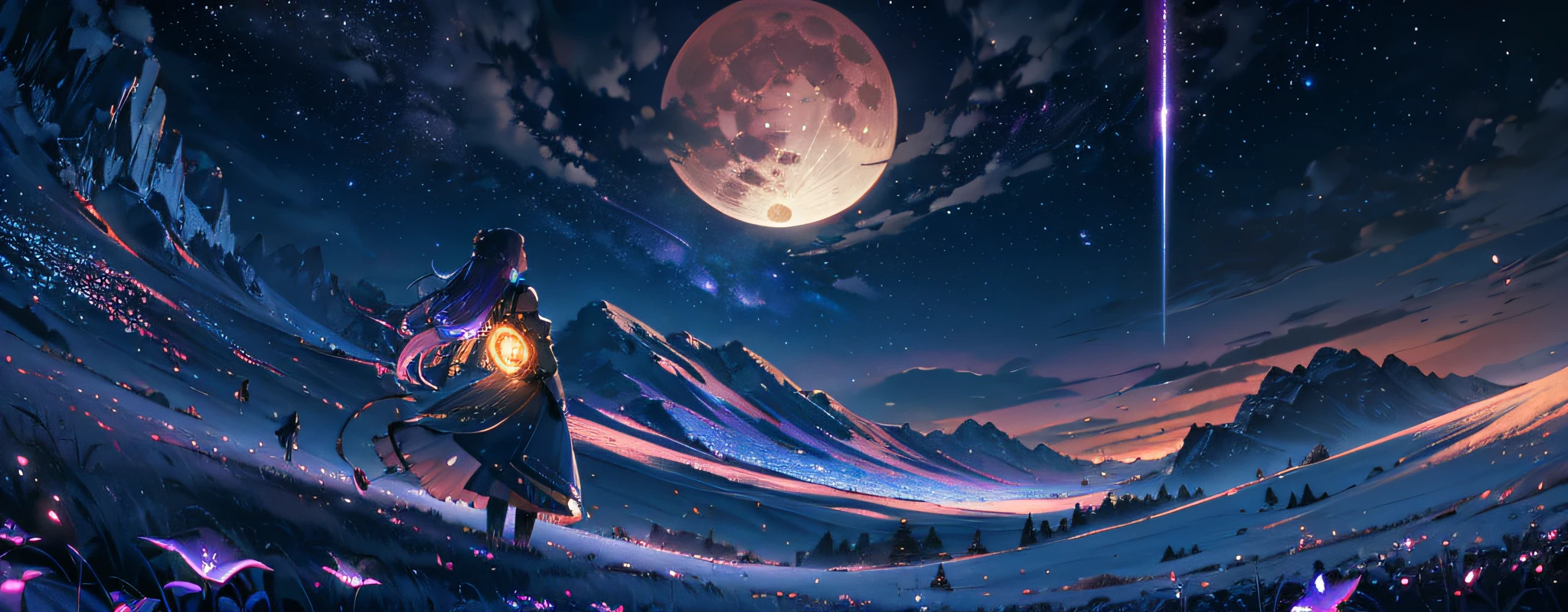expansive landscape photograph , (a view from below that shows sky above and open field below), a girl standing on flower field looking up, (full moon:1.2), ( shooting stars:0.9), (nebula:1.3), distant mountain, tree BREAKproduction art, (warm light source:1.2), (Firefly:1.2), lamp, lot of purple and orange, intricate details, volumetric lighting BREAK(masterpiece:1.2), (best quality), 4k, ultra-detailed, (dynamic composition:1.4), highly detailed, colorful details,( iridescent colors:1.2), (glowing lighting, atmospheric lighting), dreamy, magical, (solo:1.2 --auto --s2