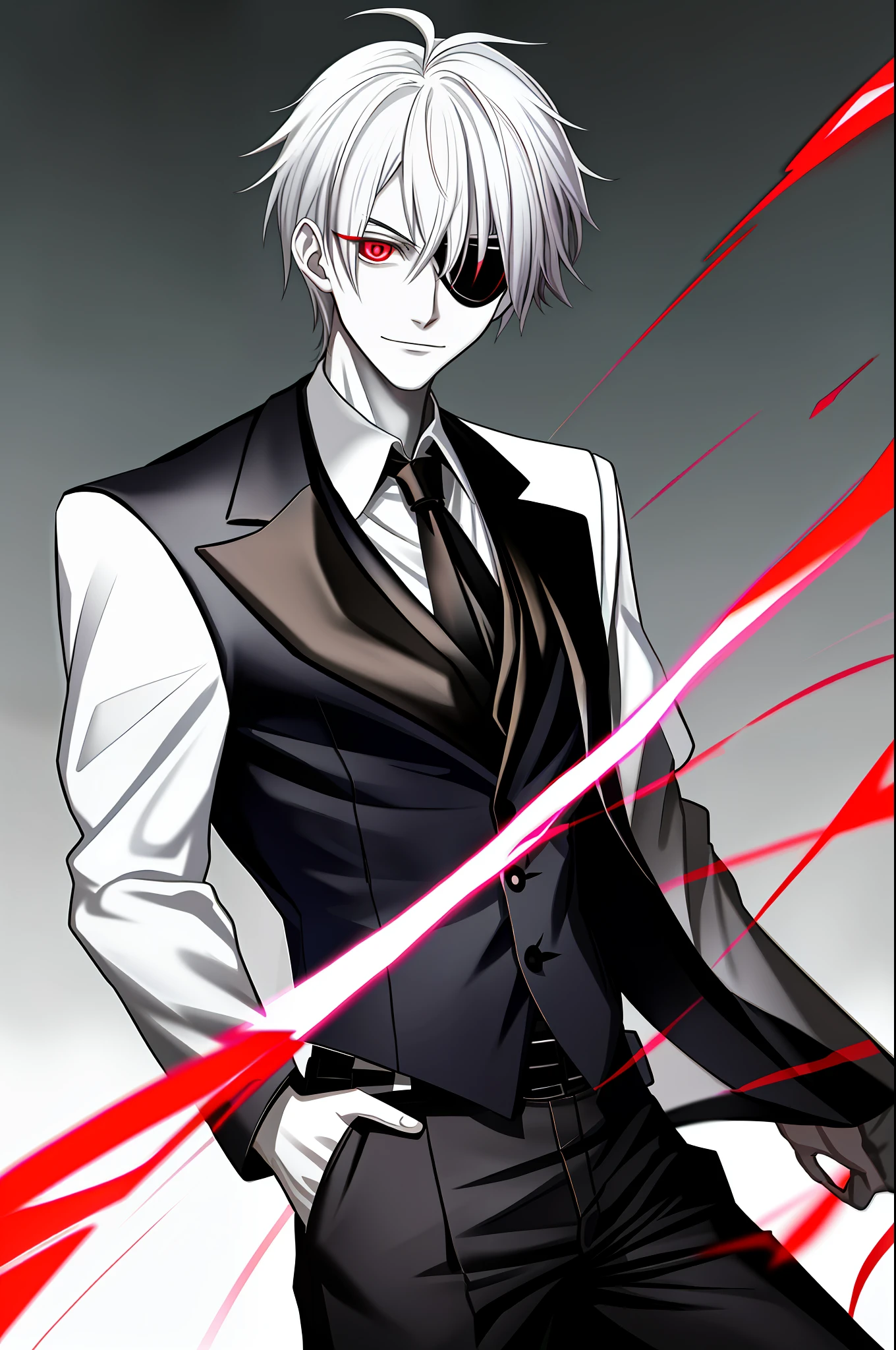 Masterpiece, rhythm quality, anime art style, vampire boy, (1 man), white hair, closed smile, short hair, pale skin, ((crimson lines running through his skin like veins)), a crimson red eye, vertical pupil, left side, an eye patch, black coat with crimson lining, as well as a gray blazer, a white shirt underneath with a crow tied around his neck, black pants that have gun holsters attached to them, as well as black boots similar to an Italian gangster-style suit, upper body