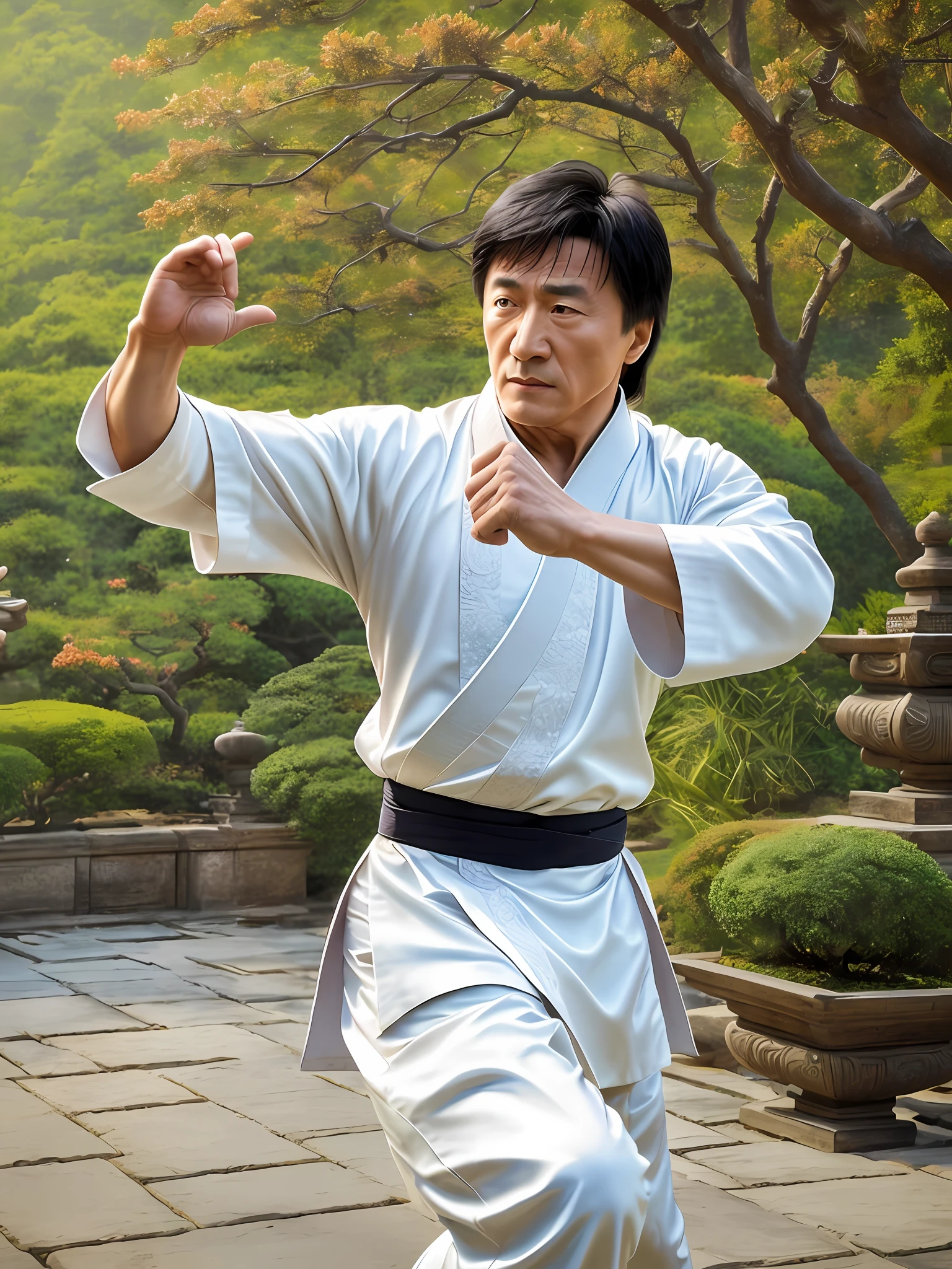 Masterpiece Photography Ultra Realistic Description: Jackie Chan, the legendary Hong Kong actor and martial artist, is captured in a breathtaking 4K hyper-realistic composition wearing a traditional Chinese martial arts outfit, performing an intricate and dynamic martial arts move in a tranquil temple garden. The unexpected blend of martial arts mastery and serene beauty enhances his captivating presence. With his agile movements and focused expression, he exudes a sense of precision and grace. The hyper-realistic portrayal captures the intricate details of his martial arts attire, the peaceful ambiance of the temple garden, and the fluidity of his motion, evoking a sense of awe-inspiring skill and Zen-like harmony.