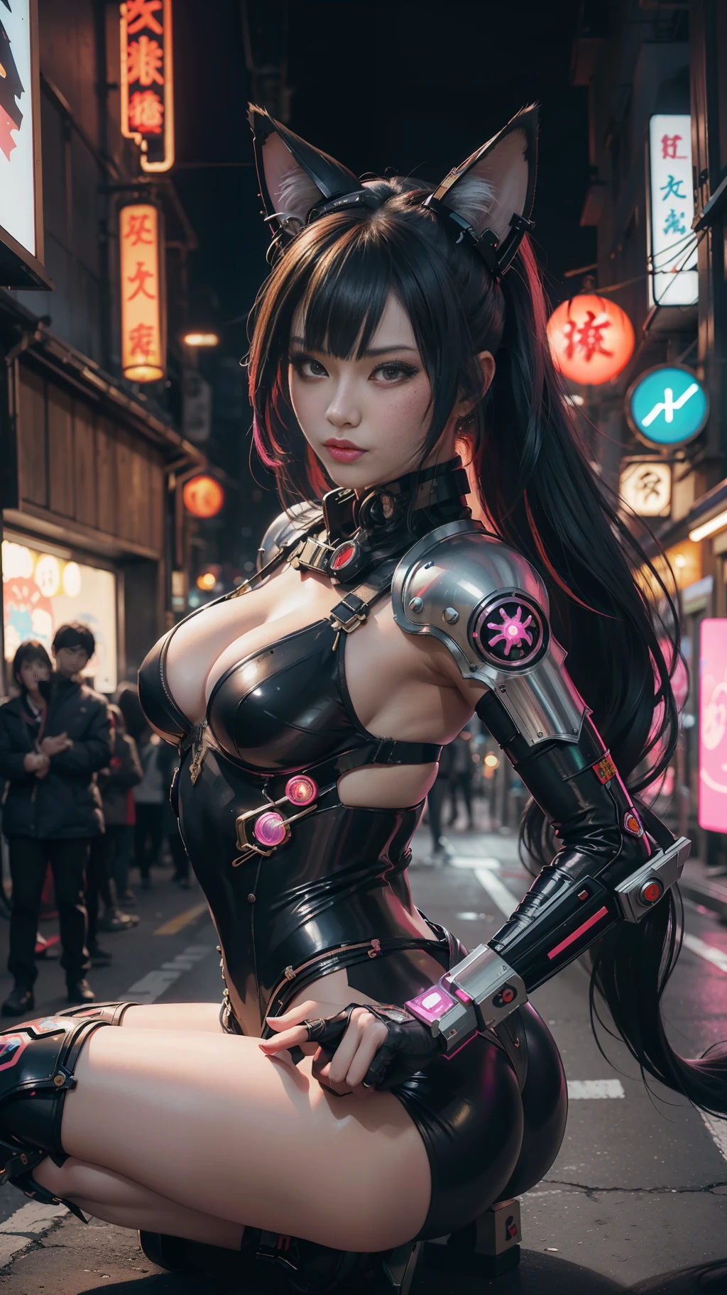 hyperrealistic close up portrait photograph of cyberpunk nekomata catgirl in a crowded Japanese street, wearing combat armor, geisha makeup and hairstyle, (((dynamic pose))), insane details, detailed designs, glowing colorful circuitry, colorful neon trim, cinematic lighting, rim lighting, f/2.8, art by H.R. Giger, Greg Rutowski