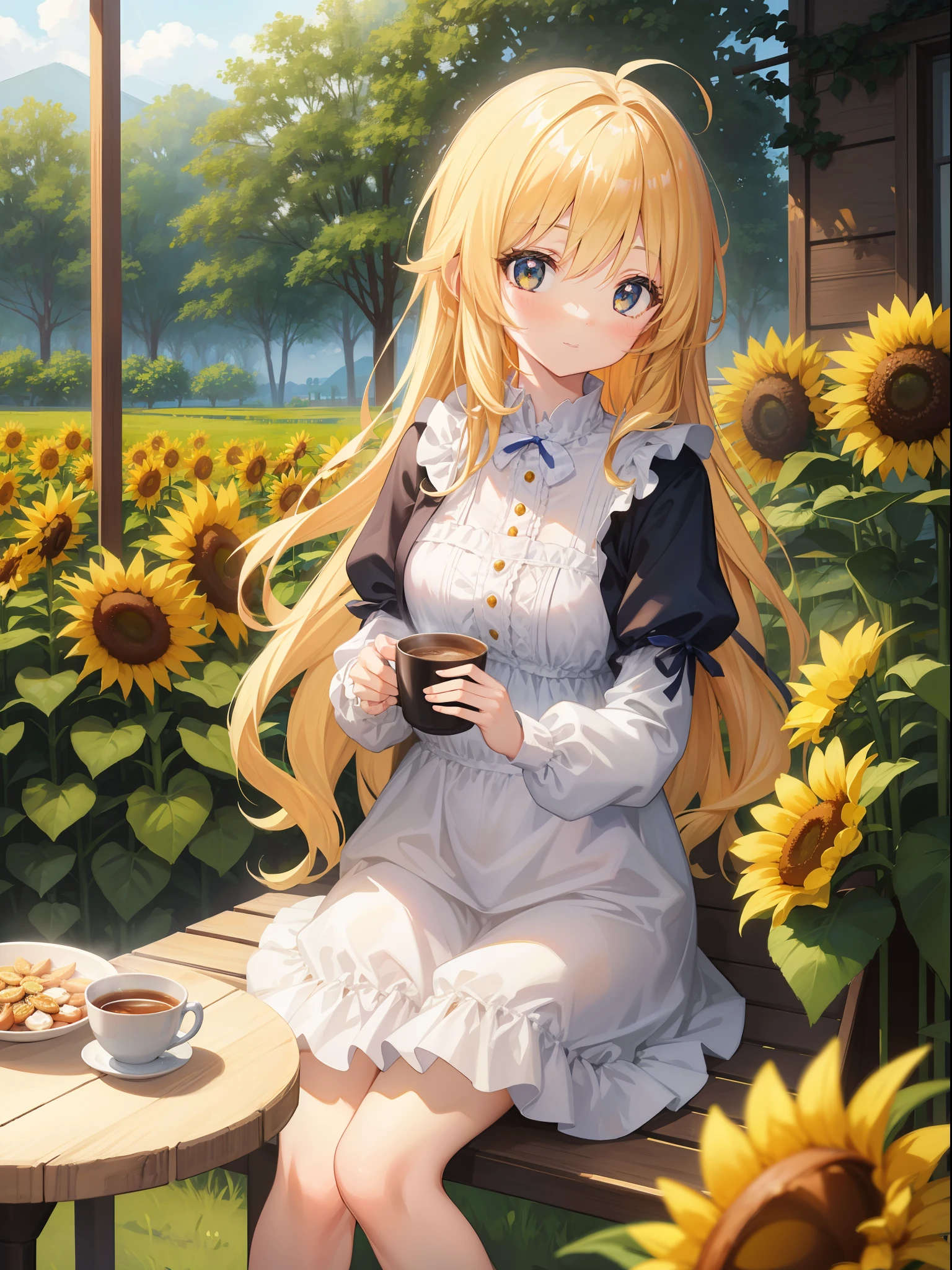 Ultra-detailed, best quality, stunningly artwork of a beautiful girl sipping on a warm cup of milk coffee, surrounded by cheerful sunflowers and a cozy atmosphere.🥛☕️🌻💖 kawaii, comfy, cozy