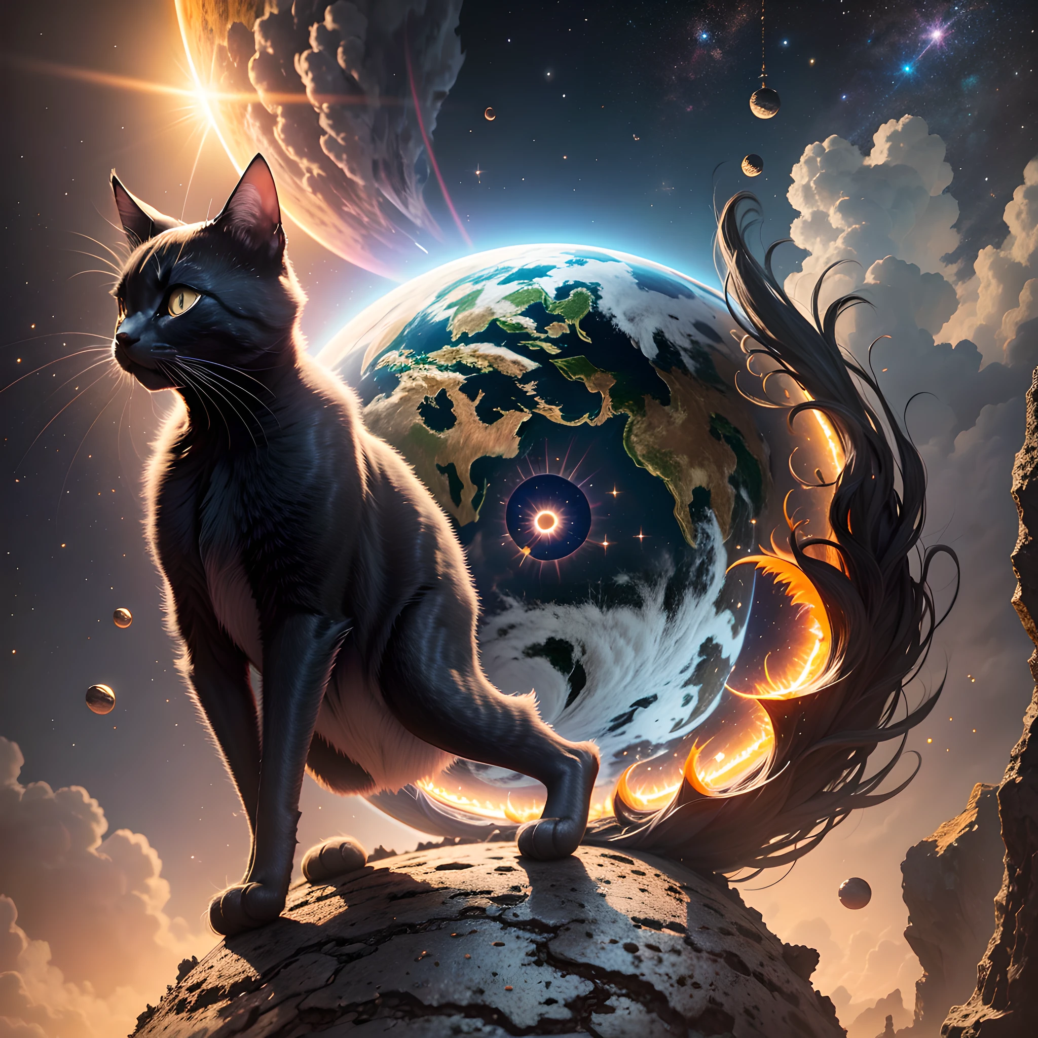 a black cat, space suit, sun, behind the earth, highly detailed, sharp focus, ultra realistic,4k --auto --s2