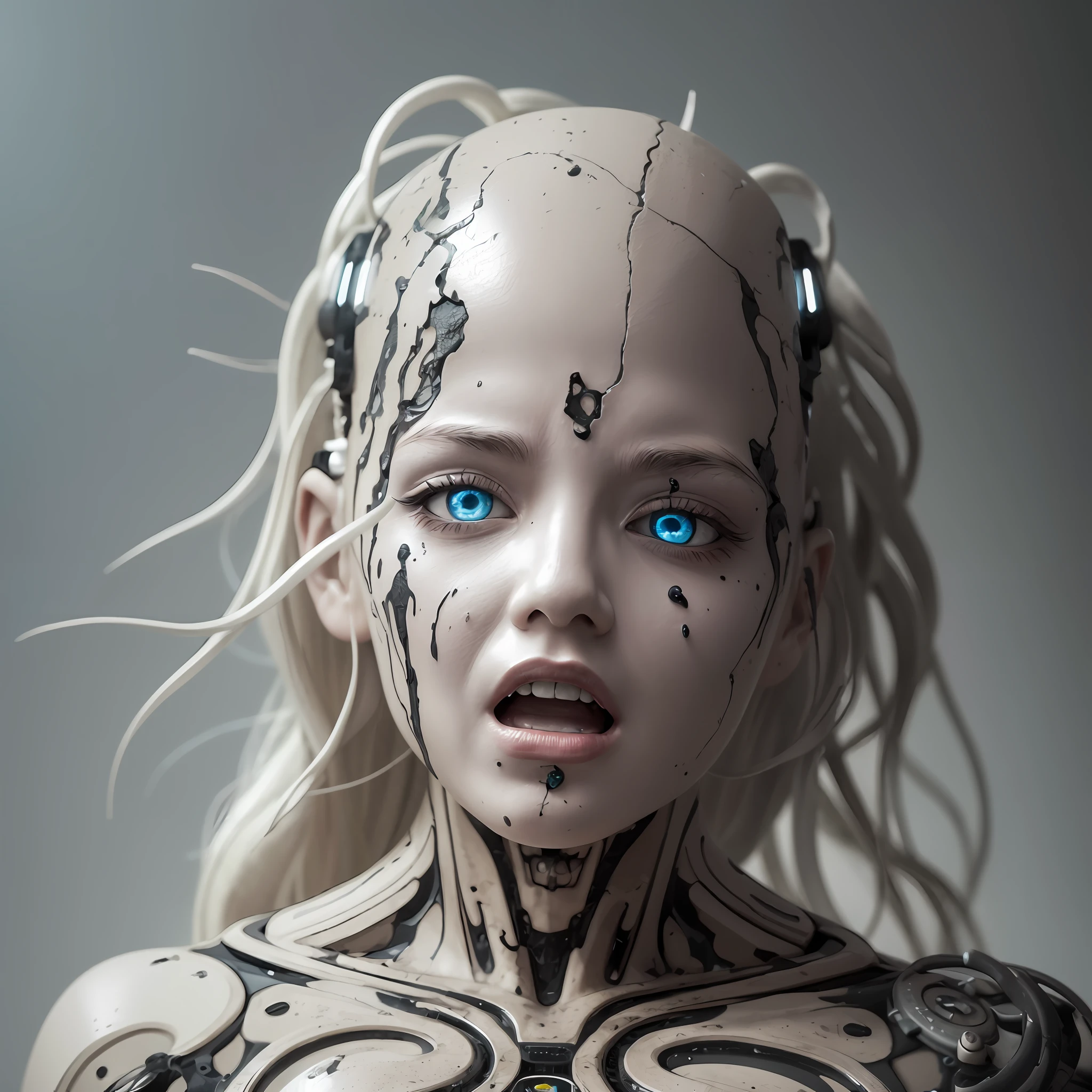 4k photo, screaming cyborg porcelain sculpture, shocked, black oil drool, sidelit, telephoto, studio light, sandy white floor, damp mist, intricate details, real skin texture, 4k hd, --auto --s2