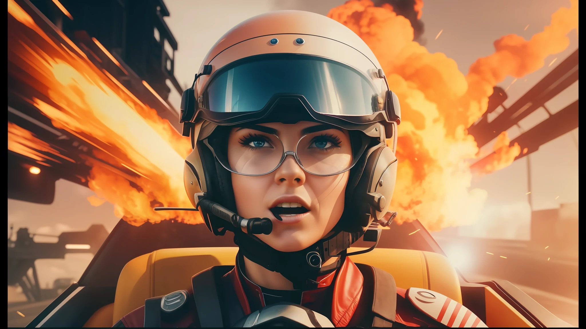 there is a woman in a helmet and goggles driving a car, trending in art station, fighter pilot in the cockpit, her hair is on fire, furious gorgeous woman, screenshot from an fps, youtube thumbnail, inspired by James Montgomery Flagg, very realistic face, the artist has used bright
