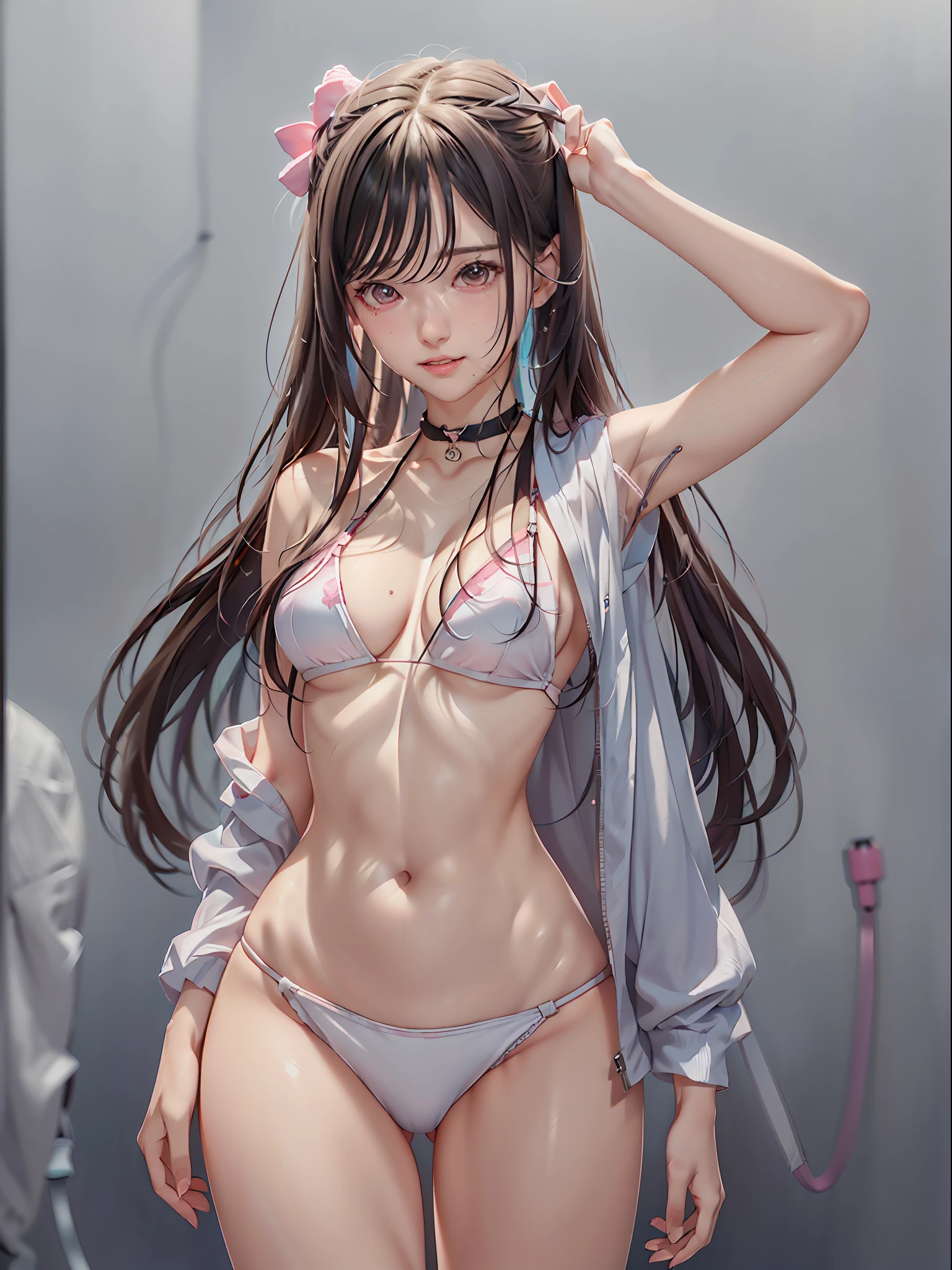 anime - style figure of a woman in a white bikini and a pink jacket, small curvy , anime styled 3d, render of a cute 3d anime girl, rendered in sfm, 3d anime girl, render of april, anime goddess, ( highly detailed figure ), soft 3d render, made with anime painter studio, photorealistic anime girl render