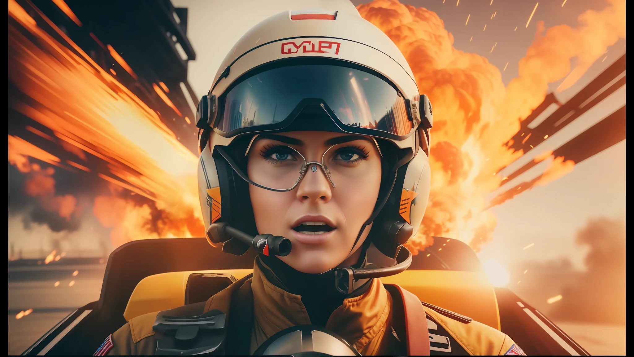 there is a woman in a helmet and goggles driving a car, trending in art station, fighter pilot in the cockpit, her hair is on fire, furious gorgeous woman, screenshot from an fps, youtube thumbnail, inspired by James Montgomery Flagg, very realistic face, the artist has used bright