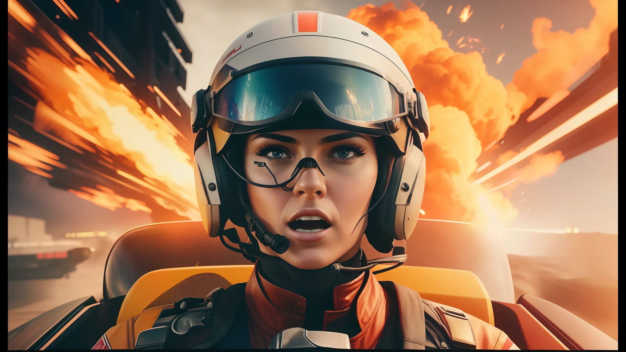 there is a woman in a helmet and goggles driving a car, trending in art station, fighter pilot in the cockpit, her hair is on fire, furious gorgeous woman, screenshot from an fps, youtube thumbnail, inspired by James Montgomery Flagg, very realistic face, the artist has used bright