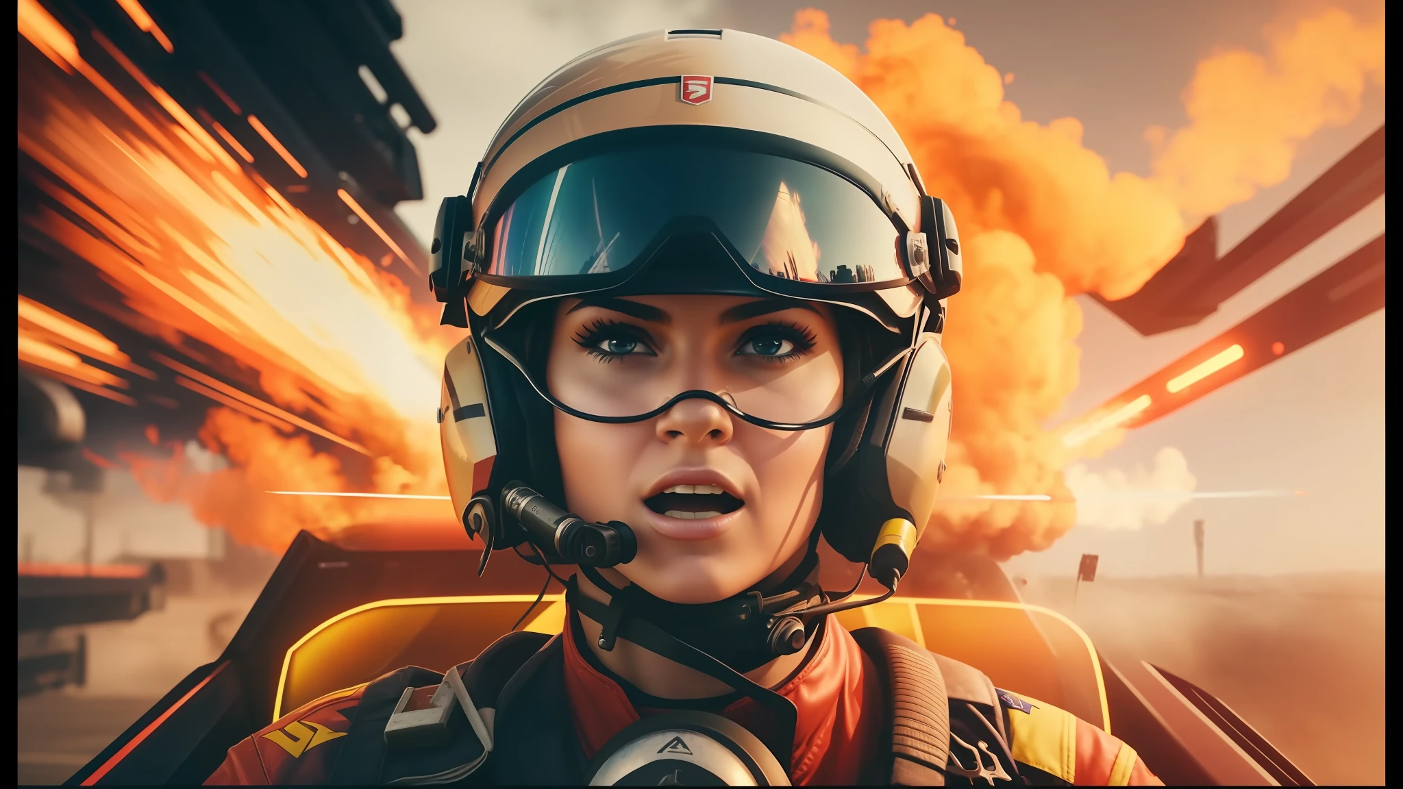 there is a woman in a helmet and goggles driving a car, trending in art station, fighter pilot in the cockpit, her hair is on fire, furious gorgeous woman, screenshot from an fps, youtube thumbnail, inspired by James Montgomery Flagg, very realistic face, the artist has used bright