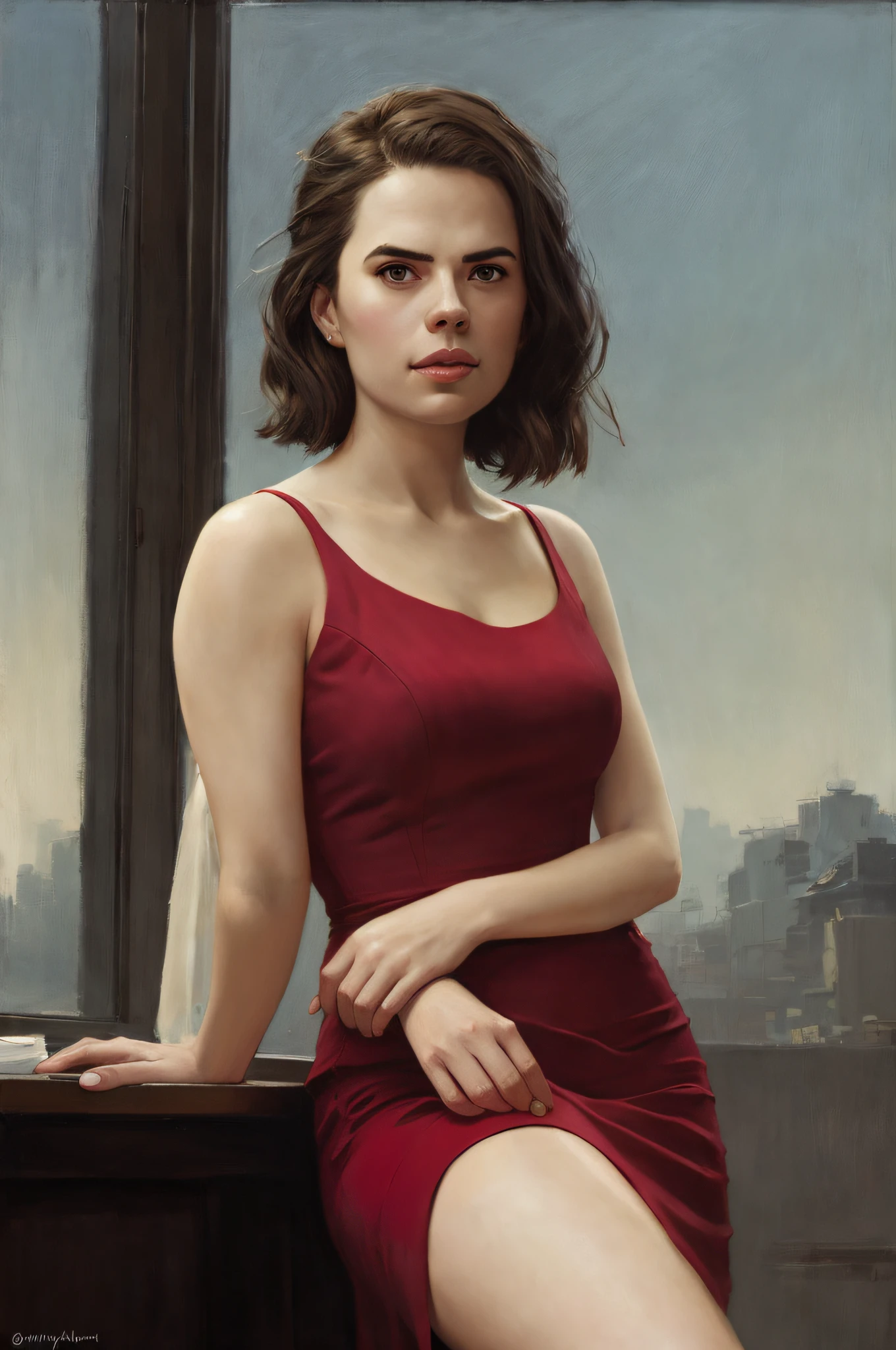 painting of a woman in a red dress sitting on a window sill, raphael hopper, diego dayer, mid portrait, range murata jeremy lipking, oil painting of realistic woman, ed hopper, solo portrait, mary jane ansell, jeremy lipking full length shot, nick alm, classic portrait, high quality portrait, realistic oil on linen, 4k oil on linen