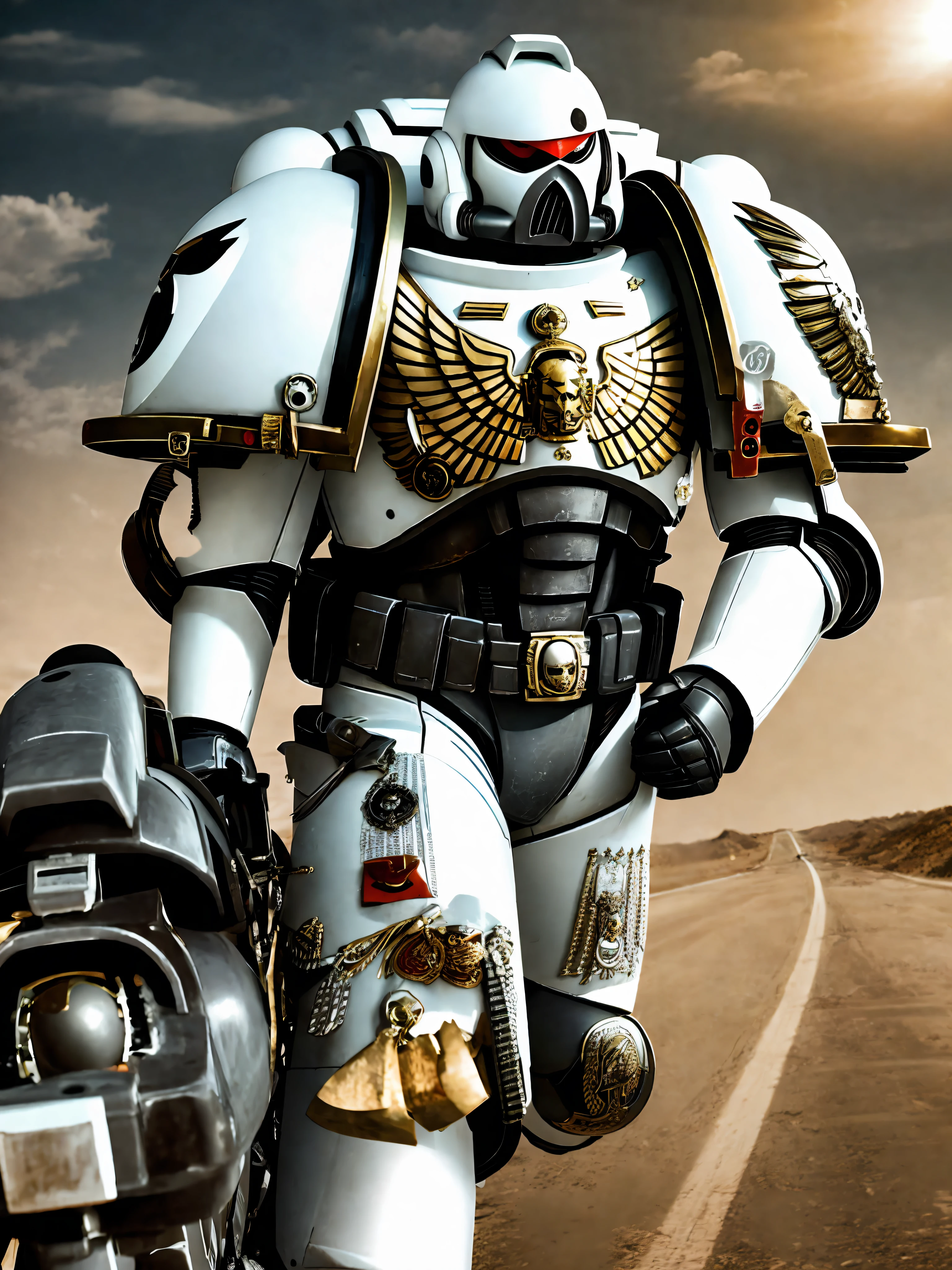 A space marine riding a motorcycle on a deserted road, his white motorcycle, super realistic, cinematc, 16k. It's just a Space marine