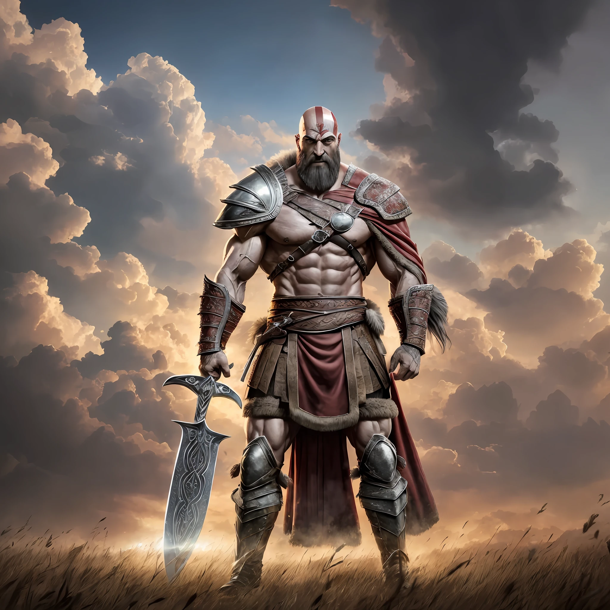 Old, Tall, muscular, Old, Kratos, bright eyes, powerful, wearing a barbaric fur armor, a long red cape, standing in a field, holding a large blood sword, Realistic, Full HD, best quality