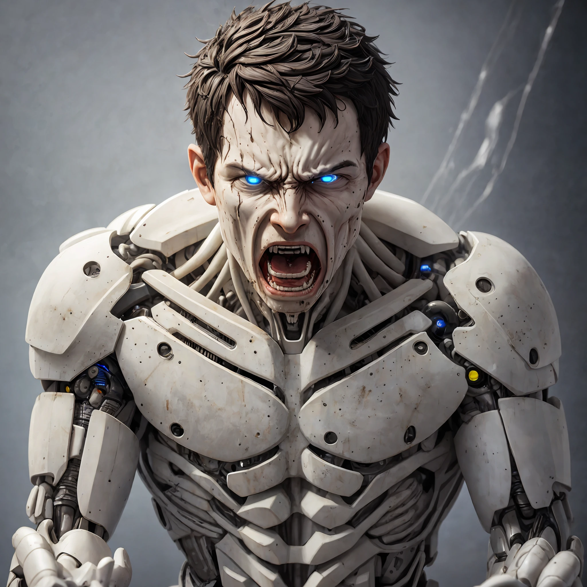 Photo 4k, man, porcelain sculpture of screaming male cyborg, shocked, black oil drool, sidelit, telephoto, studio light, sandy white floor, damp mist, intricate details, real skin texture, 4k hd, --auto --s2