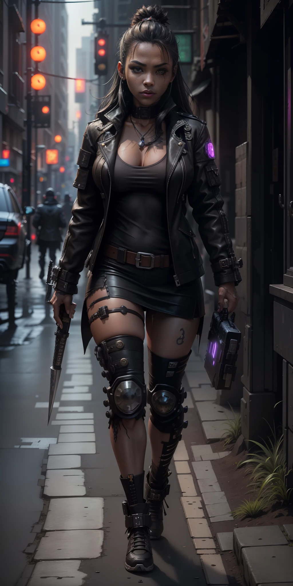 "Complete artwork masterpiece, high quality, ultra detailed in 4k, 8k, high resolution, hyper-realistic photo, hyper-detailed, realistic skin texture, amazing shadows, highly detailed background, extremely detailed texture, perfect lighting, high-level image quality. ((A female street samurai from a cyberpunk future, black jacket, shadowrun-inspired, black skin, full-body photo, long black hair, brown eyes, defined face, big breasts)), walking through a torch-lit dungeon