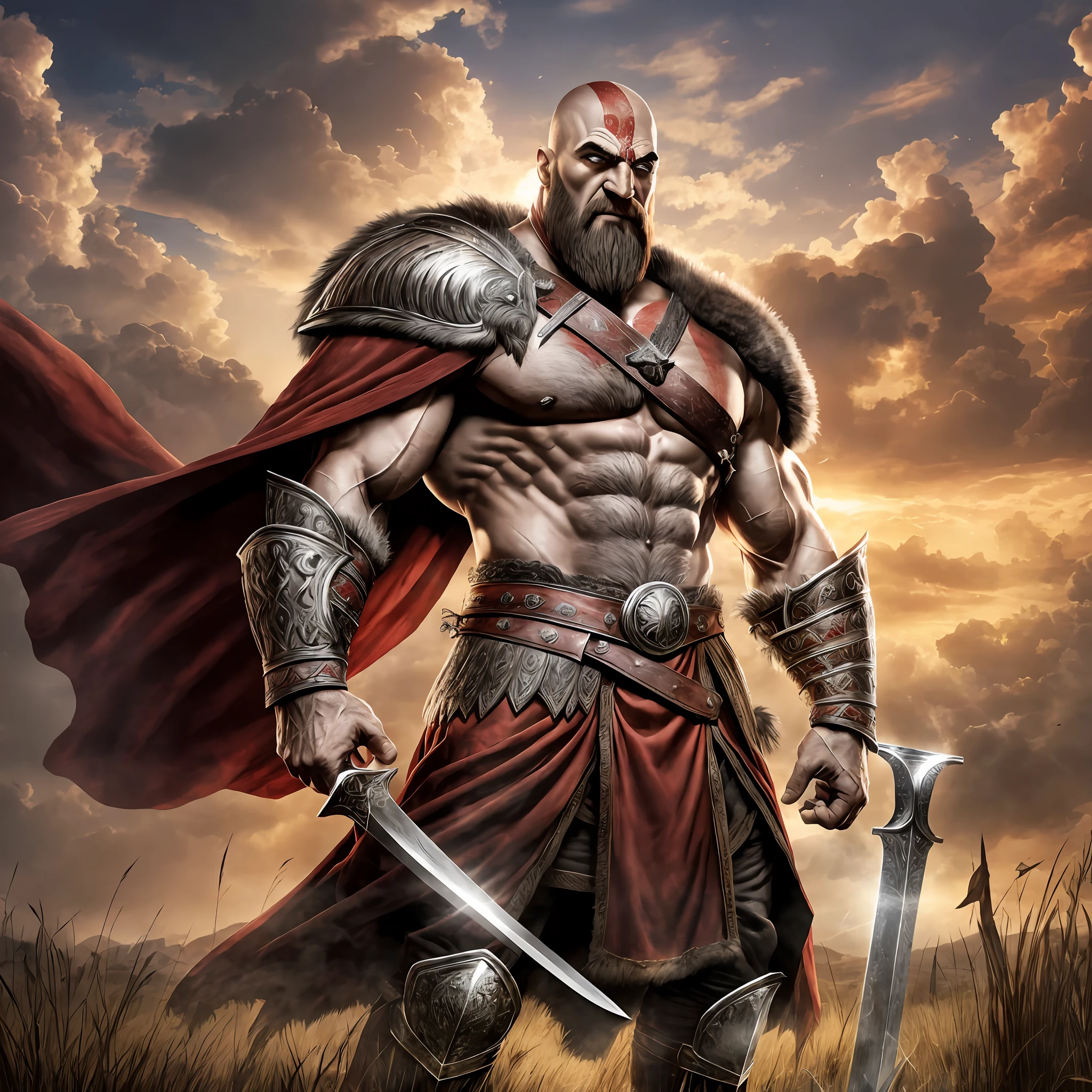 Old, Tall, muscular, Old, Kratos, bright eyes, powerful, wearing a barbaric fur armor, a long red cape, standing in a field, holding a large blood sword, Realistic, Full HD, best quality