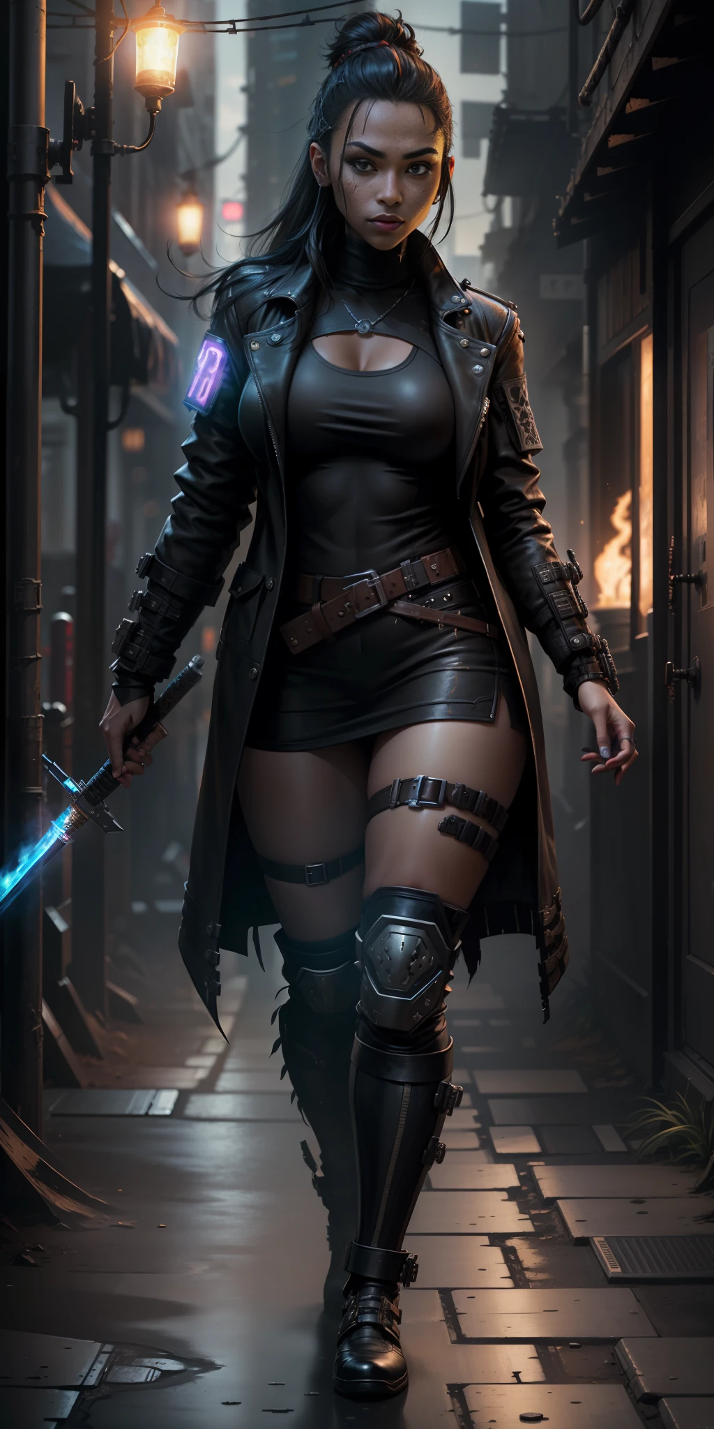 "Complete artwork masterpiece, high quality, ultra detailed in 4k, 8k, high resolution, hyper-realistic photo, hyper-detailed, realistic skin texture, amazing shadows, highly detailed background, extremely detailed texture, perfect lighting, high-level image quality. ((A female street samurai from a cyberpunk future, black jacket, shadowrun-inspired, black skin, full-body photo, long black hair, brown eyes, defined face, big breasts)), walking through a torch-lit dungeon