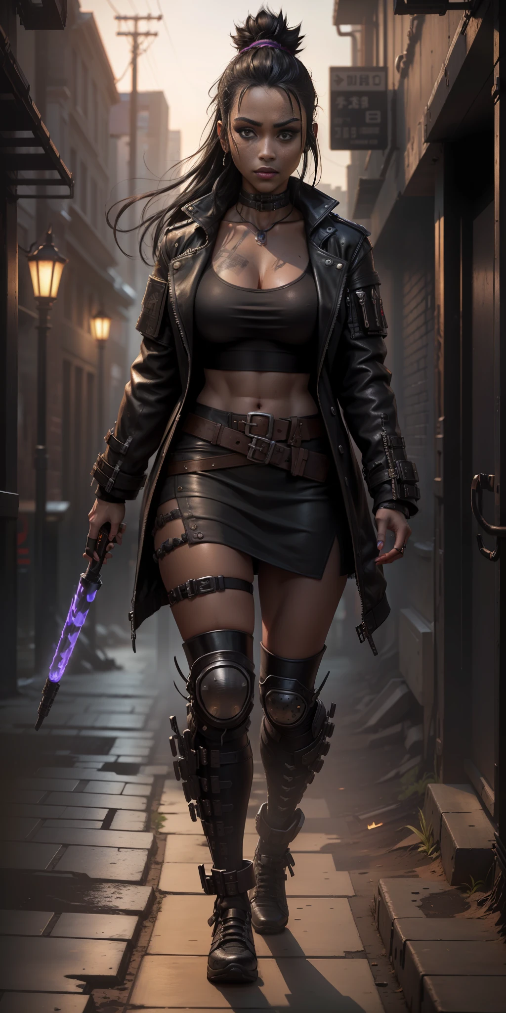 "Complete artwork masterpiece, high quality, ultra detailed in 4k, 8k, high resolution, hyper-realistic photo, hyper-detailed, realistic skin texture, amazing shadows, highly detailed background, extremely detailed texture, perfect lighting, high-level image quality. ((A female street samurai from a cyberpunk future, black jacket, shadowrun-inspired, black skin, full-body photo, long black hair, brown eyes, defined face, large breasts)), (walking through a torch-lit dungeon)