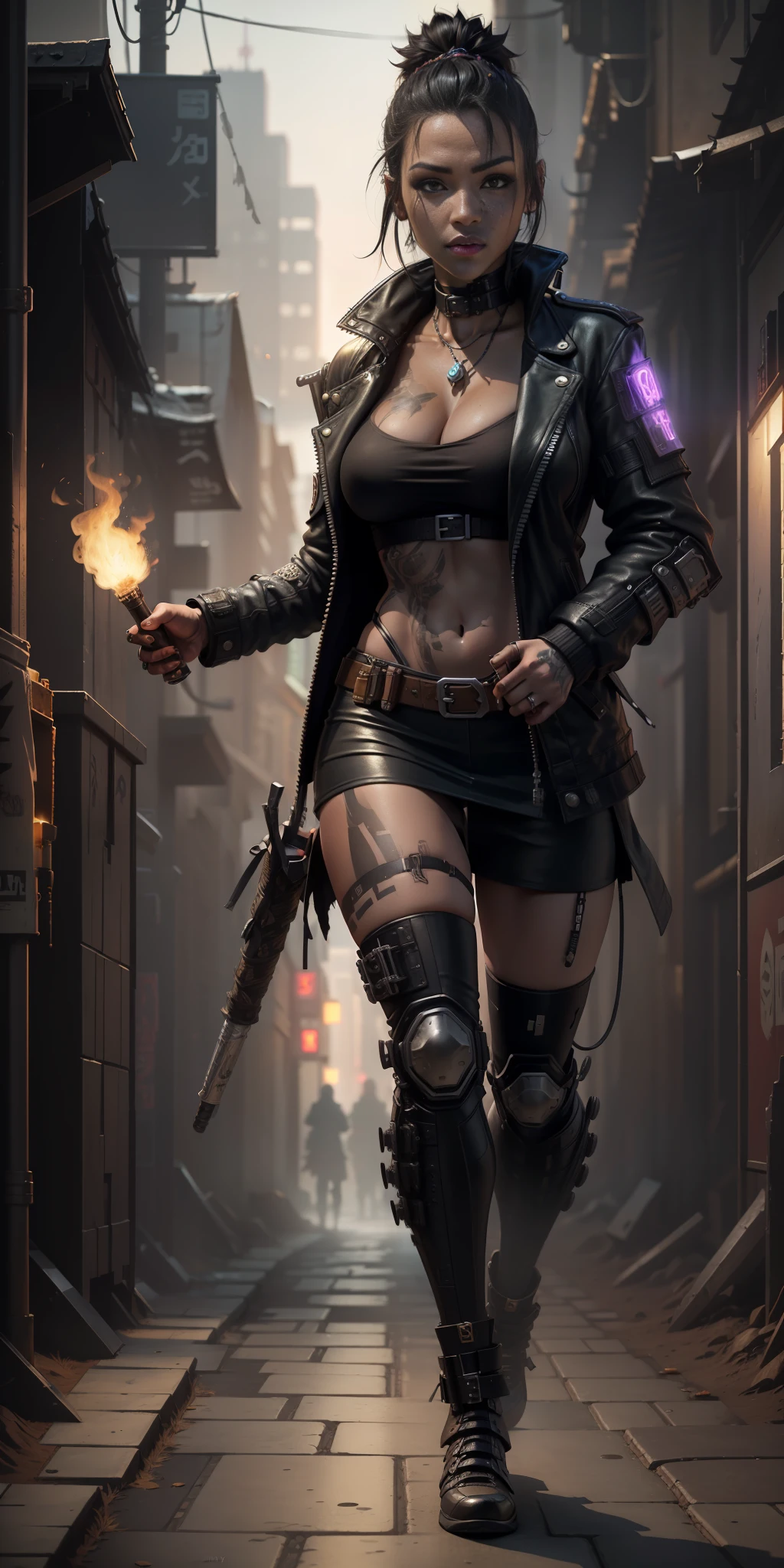 "Complete artwork masterpiece, high quality, ultra detailed in 4k, 8k, high resolution, hyper-realistic photo, hyper-detailed, realistic skin texture, amazing shadows, highly detailed background, extremely detailed texture, perfect lighting, high-level image quality. ((A female street samurai from a cyberpunk future, black jacket, shadowrun-inspired, black skin, full-body photo, long black hair, brown eyes, defined face, large breasts)), (walking through a torch-lit dungeon)