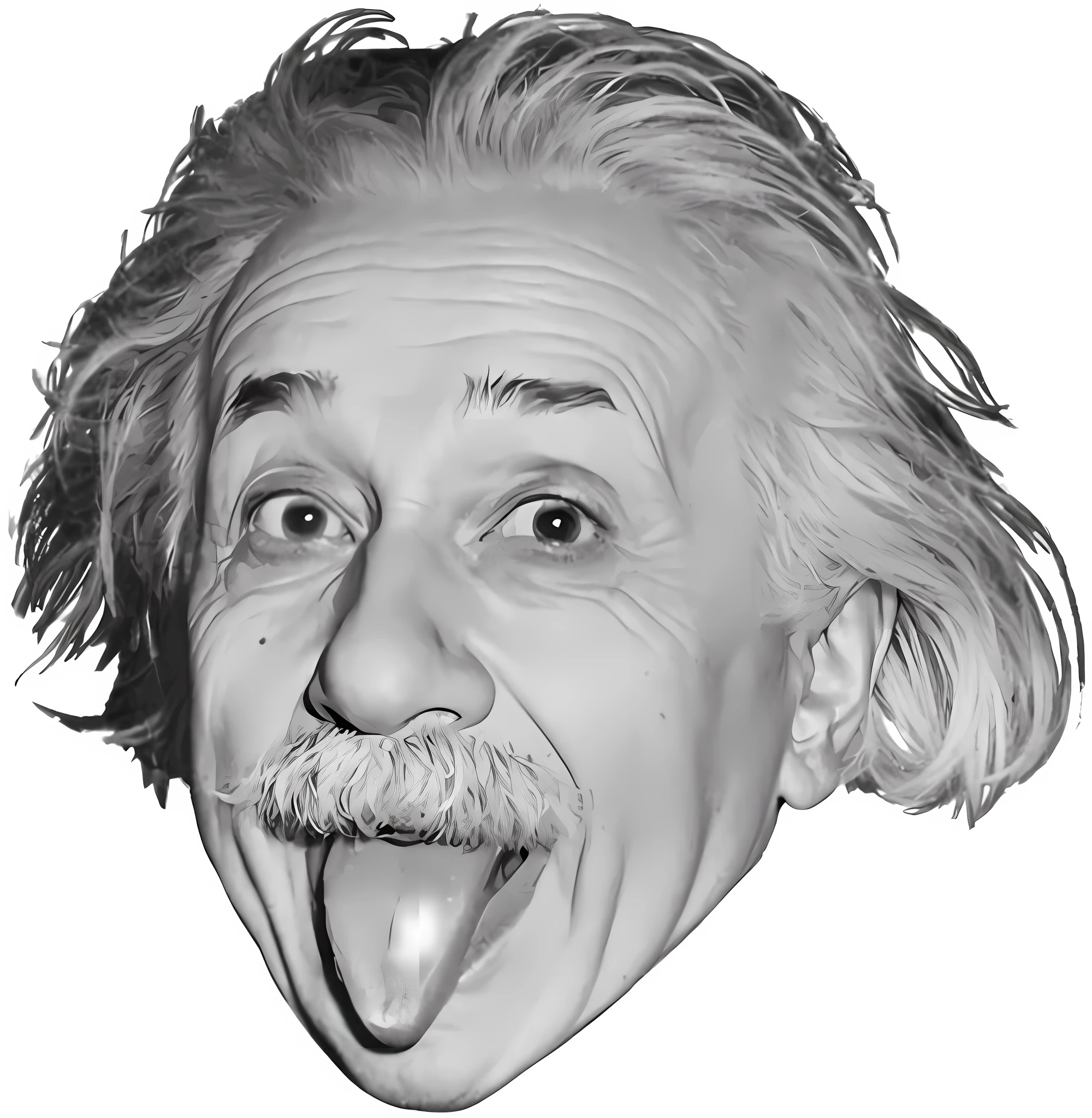 a black and white photo of a man with a goofy look on his face, einstein, albert einstein, portrait of einstein, portrait of albert einstein, lsd face, insane face, computer generated, an ai generated image, tongue out, insane smile, drawn with photoshop, actual photo, amusing, photorealiscic face, trippy, very very happy!, genius