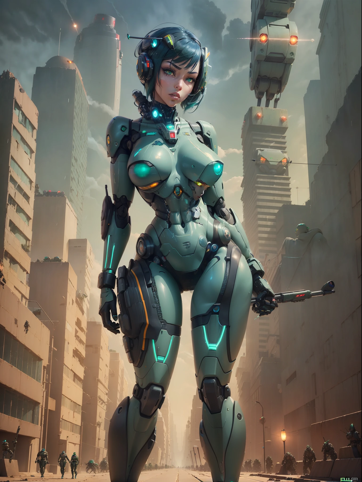 ((Full body):2), (({1/woman – cyborg}):1.5). Only {1/woman, cyborg}:((she has a semi human half machine half human body, is wearing a futuristic black suit extremely tight on her body):1.3). Only {1/woman, cyborg}:((has extremely large breasts):1.3). Only {1/woman – cyborg}:((has very short blue hair, dark green eyes):1.3). Only {1/woman – cyborg}:((stunning sensual poses holding a futuristic sniper rifle standing):1.3). In a futuristic city, it's raining a lot at night, the city is with ((several robots running):1.5) behind Only {1/cyborg woman}. anime, anime style, 16k, high resolution, ((best quality, high detail: 1.5)), UHD, ((masterpiece)), cartoon, real, Fantexi