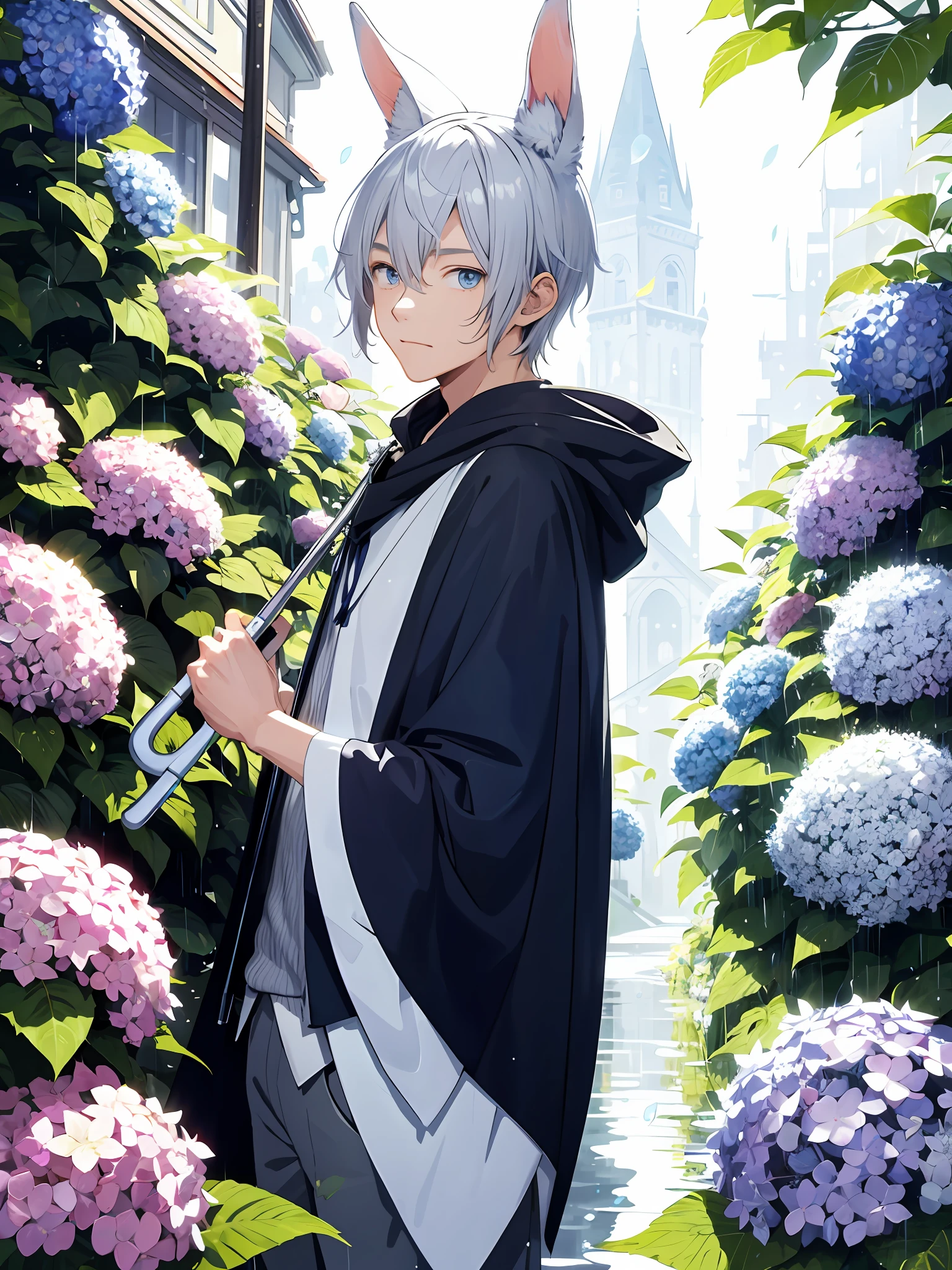 illustration style, cute boy, silver-haired blue-eyed rabbit ears, solo, rain, umbrella, hydrangea, cloak, fantasy, magic